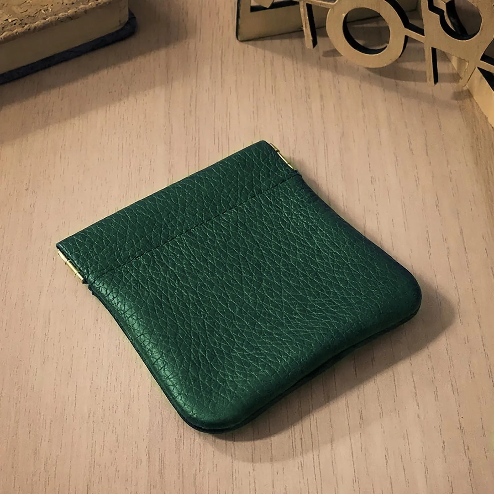 FAST WORLD SHOPPING Portamonete in Vera Pelle Made in Italy con Chiusura a Molla Snap, Verde Scuro - immagine 7