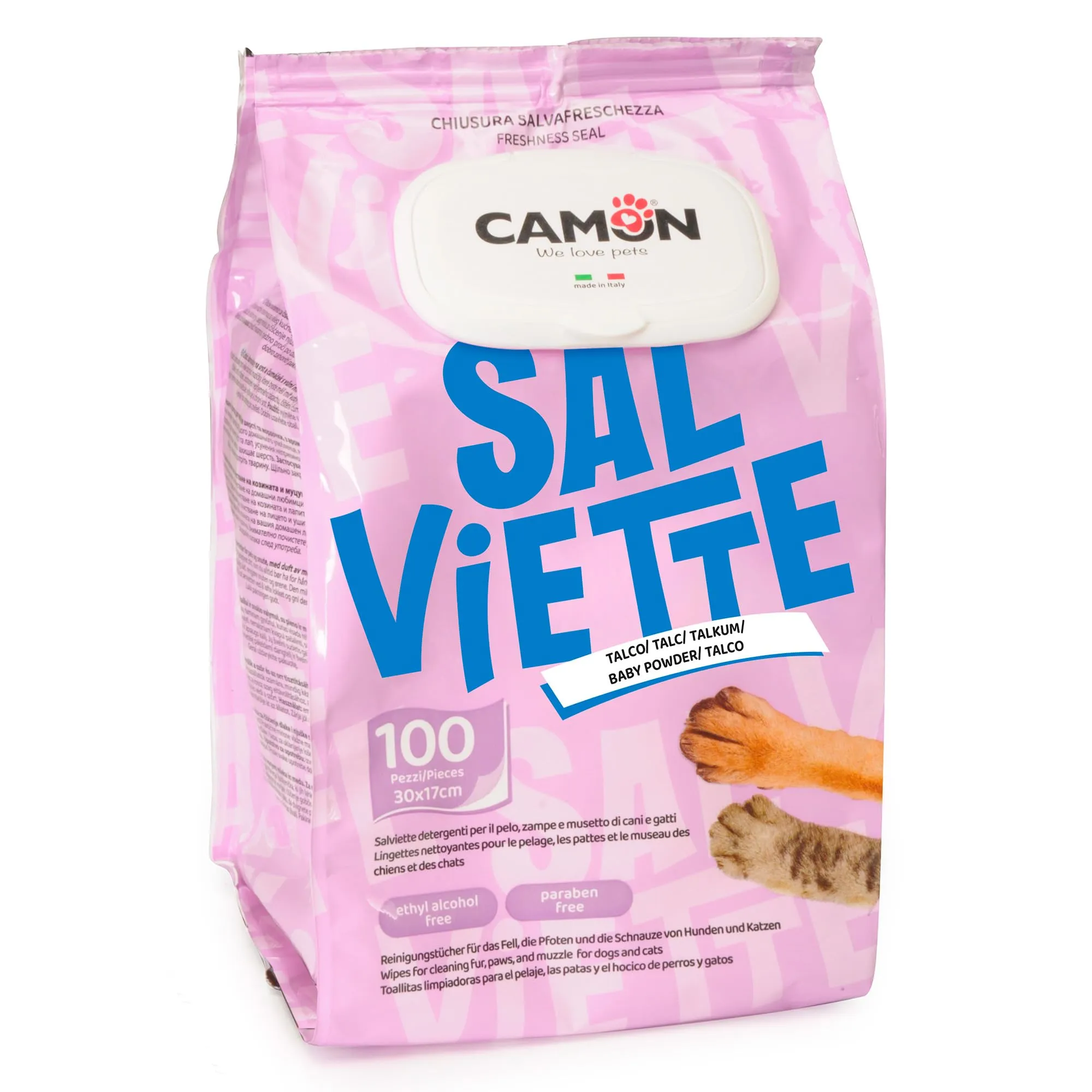 Camon Salviette Detergenti per Cani e Gatti, Fragranza Talco, 30x17 cm, 100 unità - immagine 1