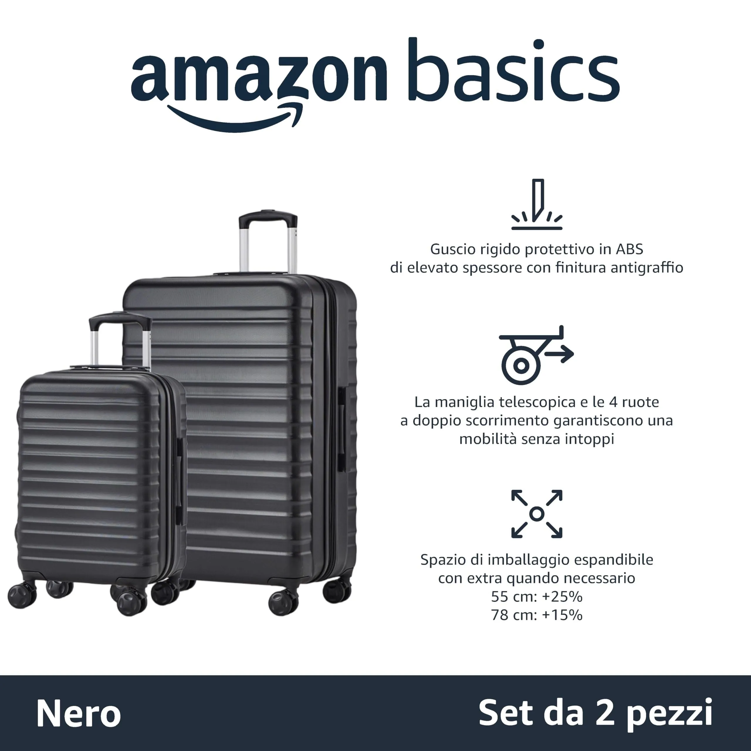 Amazon Basics Set Valigie Rigide ABS Espandibili (Piccola + Grande) - Nero - immagine 2