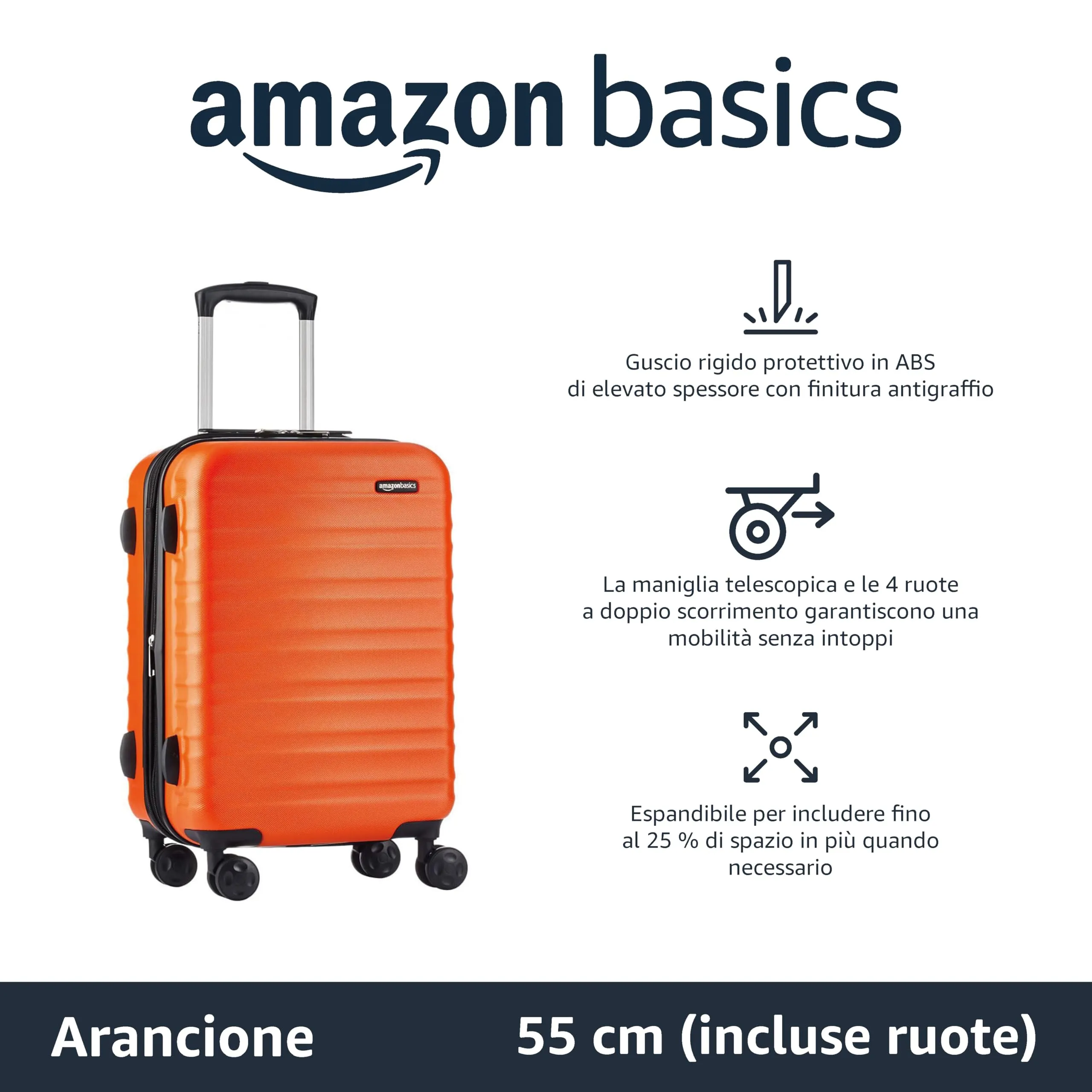 Amazon Basics Valigia Rigida Piccola Espandibile in ABS, 55 x 37,5 x 25,5cm, Arancione Bruciato - immagine 2