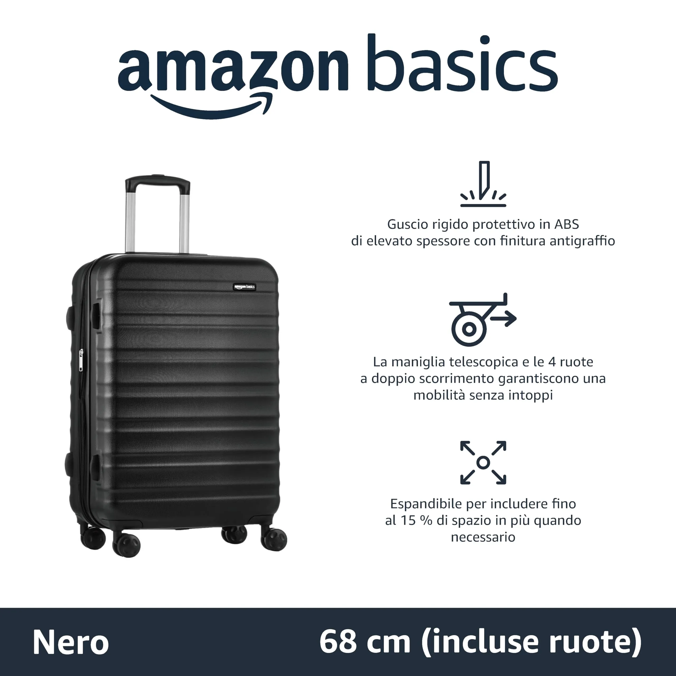 Amazon Basics Valigia Rigida Media Espandibile in ABS, 68 x 45,1 x 28,6 cm, Nero - immagine 2