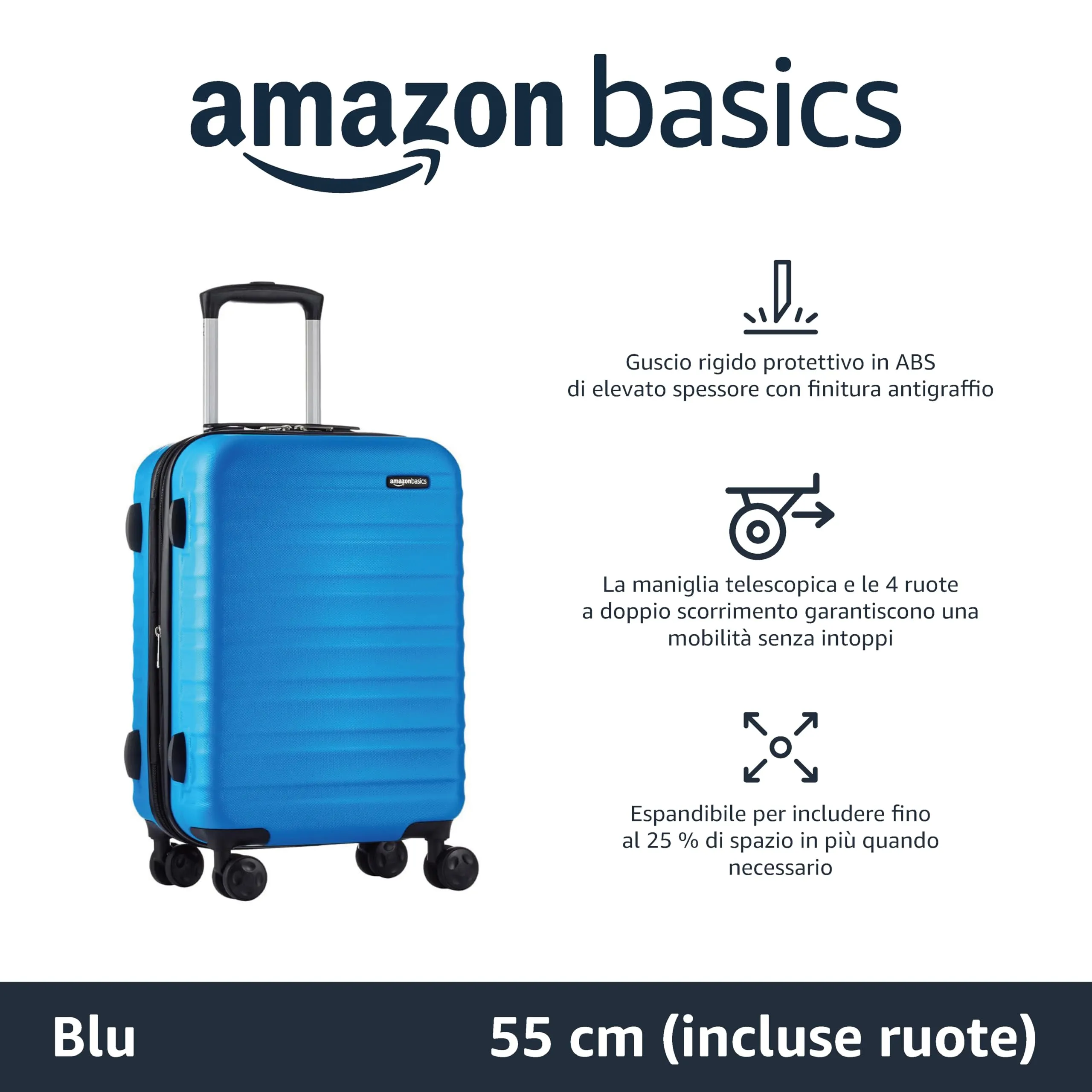 Amazon Basics Valigia Rigida Piccola Espandibile in ABS con 4 Ruote Doppie, 55 x 37,5 x 25,5 cm, Azzurro - immagine 2