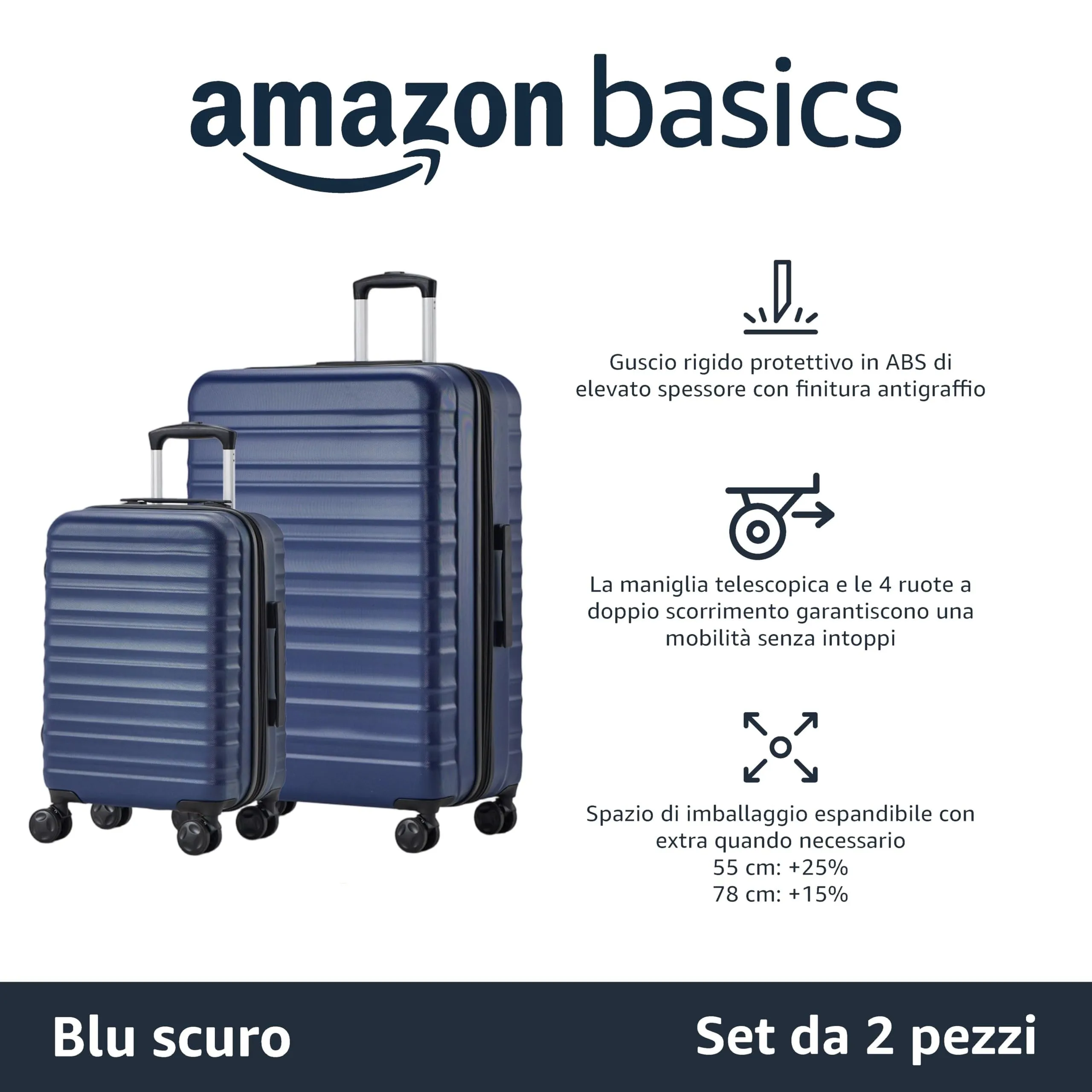 Amazon Basics Set Valigie Rigide ABS Espandibili, Piccola + Grande, Blu Navy - immagine 2