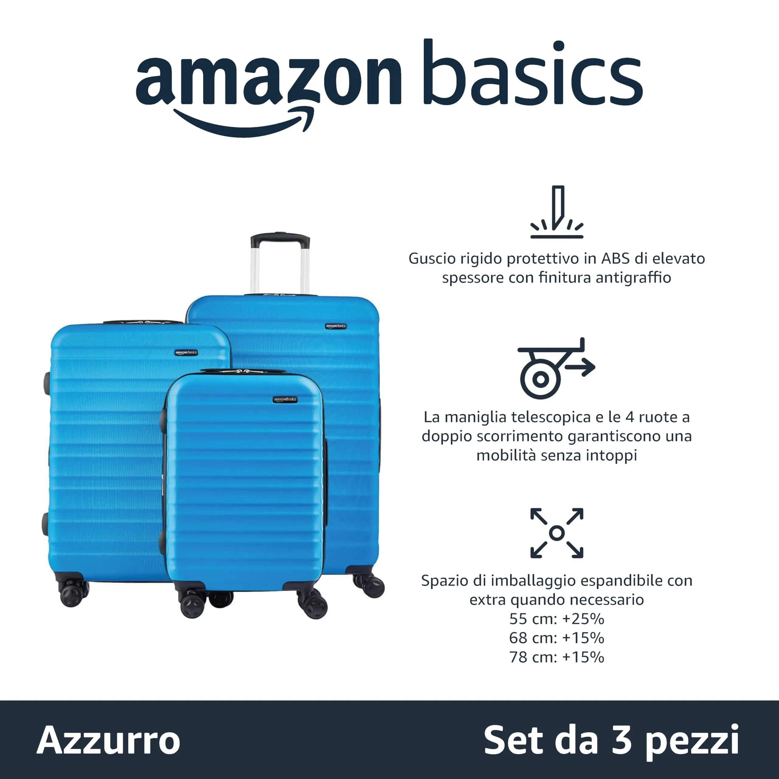 Amazon Basics Set Valigie Rigide ABS Espandibili (Piccola, Media, Grande), Azzurro - immagine 2