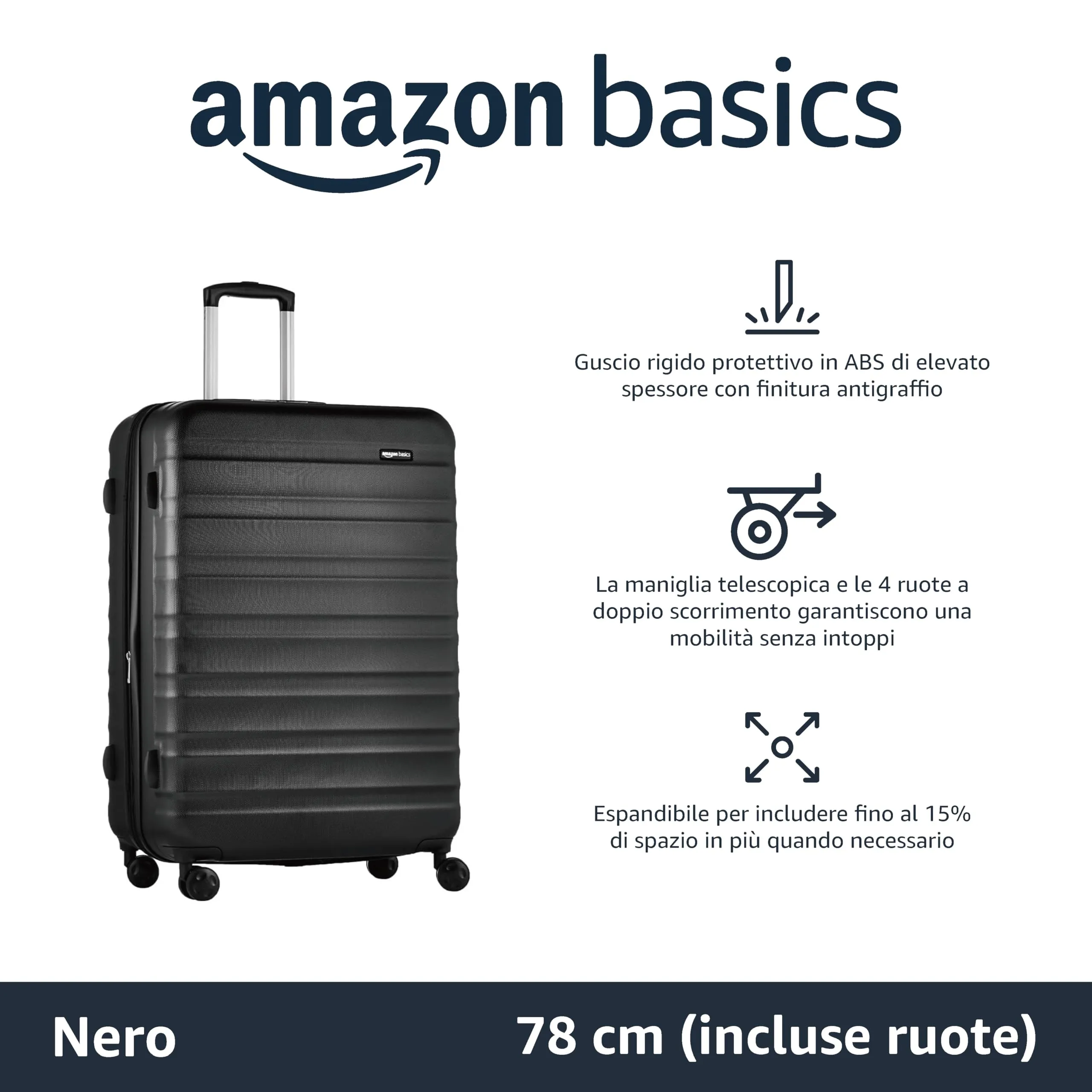 Amazon Basics Valigia Rigida Grande Espandibile in ABS, 78 x 52,6 x 32 cm - Nero - immagine 2