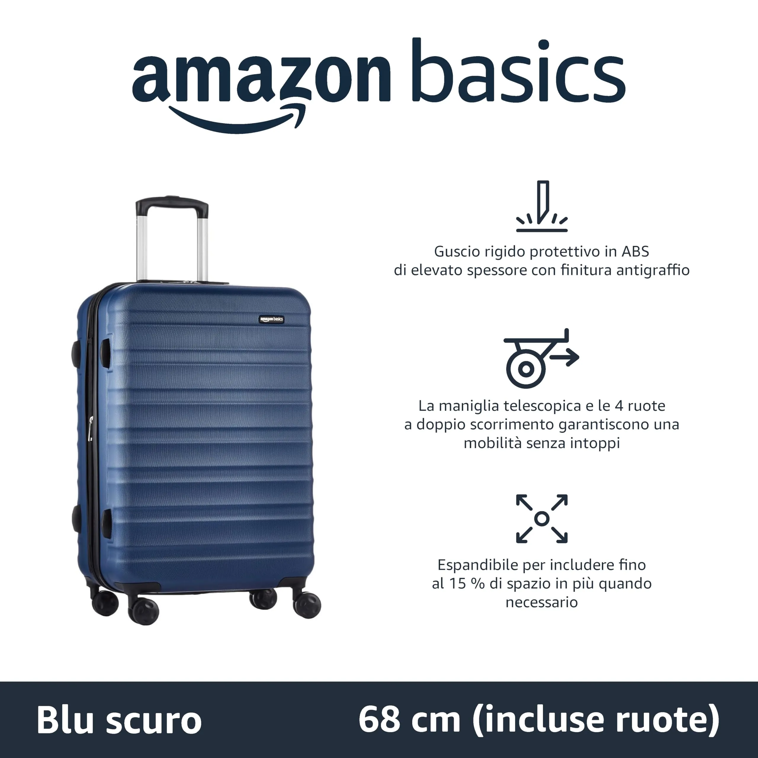 Amazon Basics Valigia Rigida Media Espandibile in ABS, 68 x 45,1 x 28,6cm, Blu Navy - immagine 2