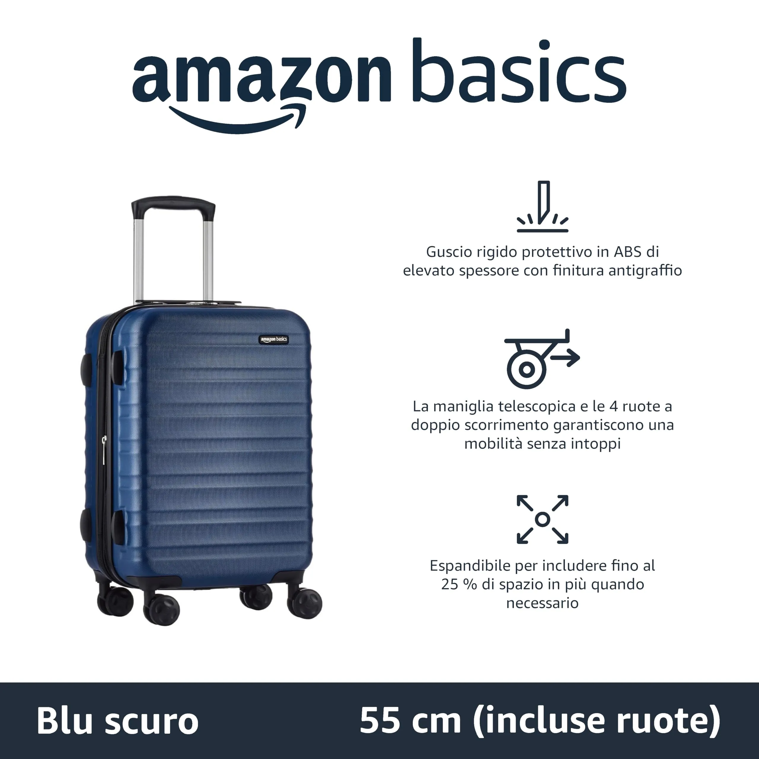 Amazon Basics Valigia Rigida Piccola Espandibile, ABS, 55 x 37,5 x 25,5cm - Blu Navy - immagine 2