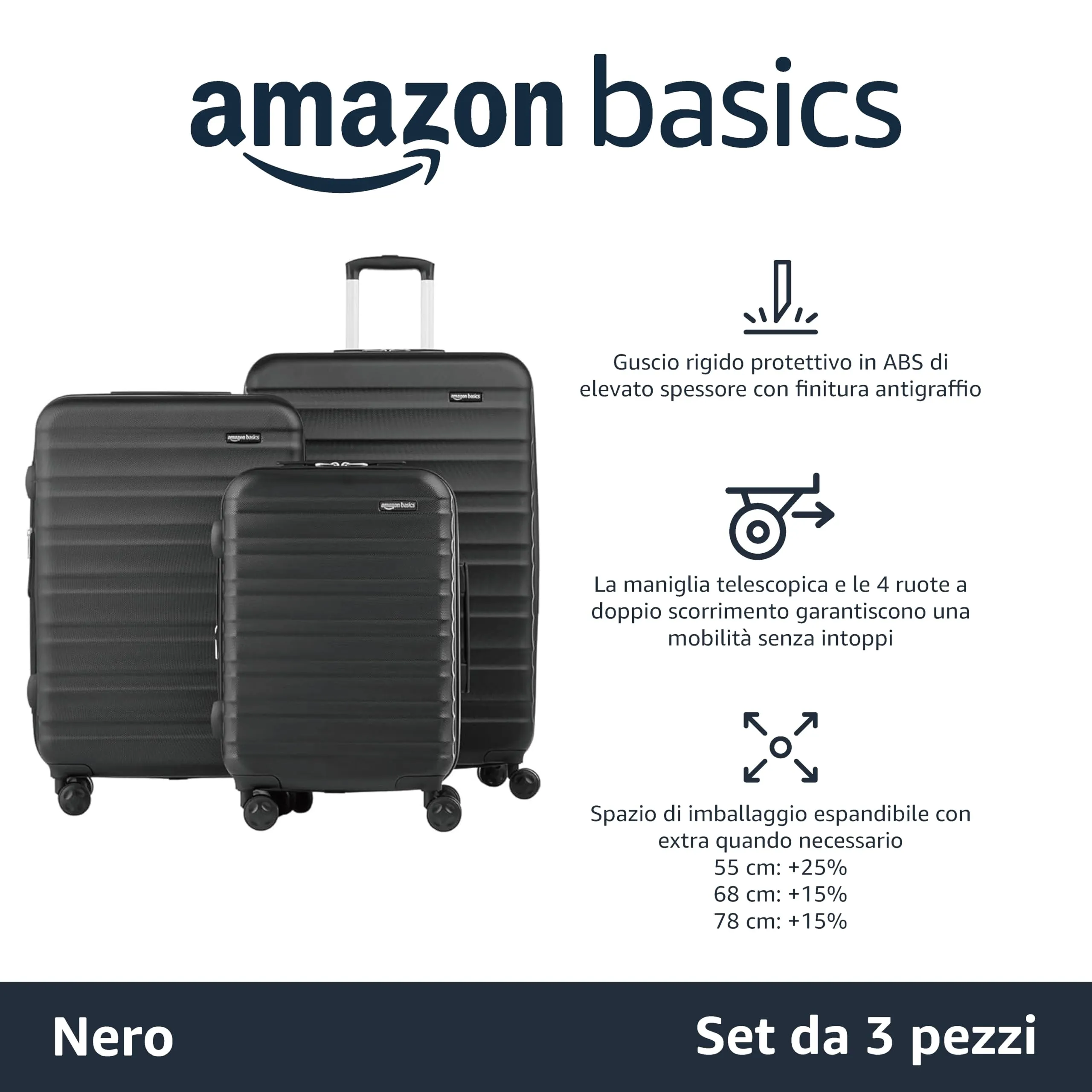 Amazon Basics Set Valigie Rigide ABS Espandibili (Piccola, Media, Grande) - Nero - immagine 2