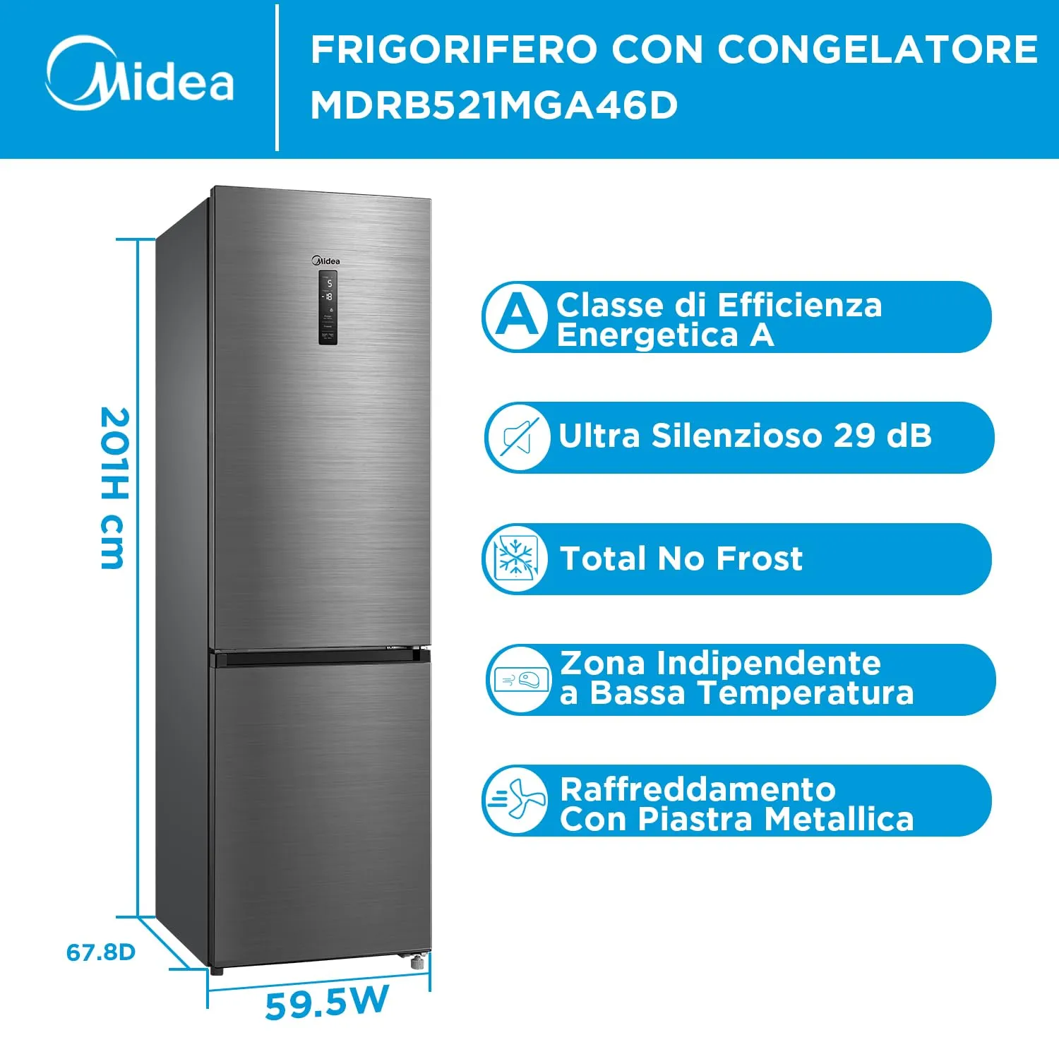 Midea Frigorifero Combinato Total No Frost 378L Classe A MDRB521MGA46D Inox - immagine 2