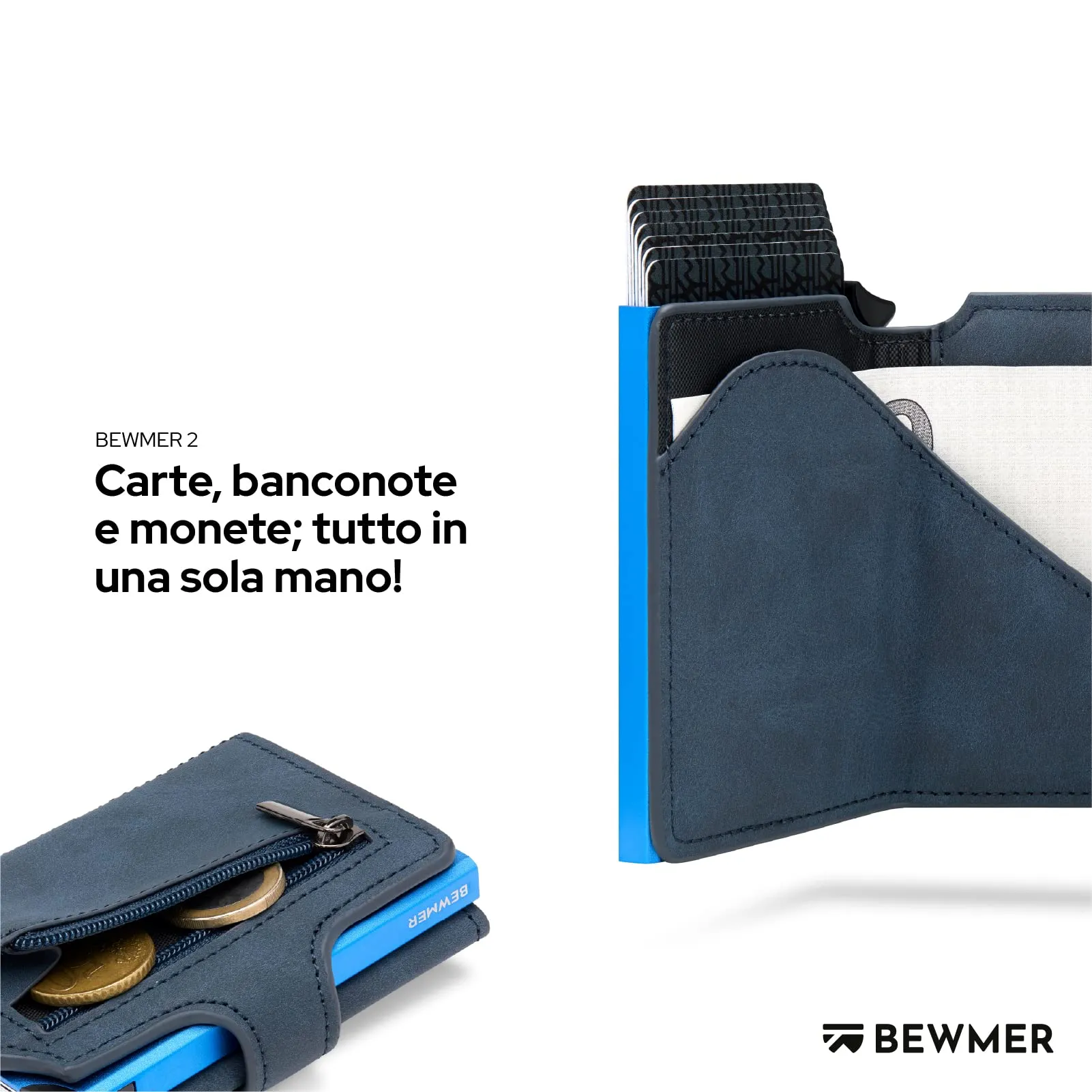 BEWMER v2 Portafoglio Uomo Slim in Similpelle con Protezione RFID, Blu Scuro - immagine 3