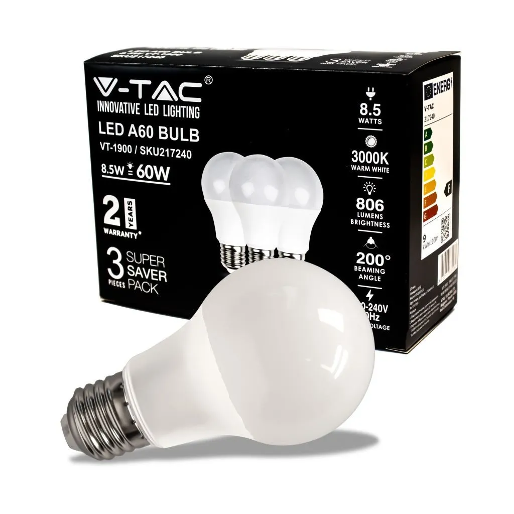 V-TAC Lampadina LED E27 8,5W A60 806 Lumen 3000K Luce Bianca Calda (Confezione da 3 pezzi) - immagine 1