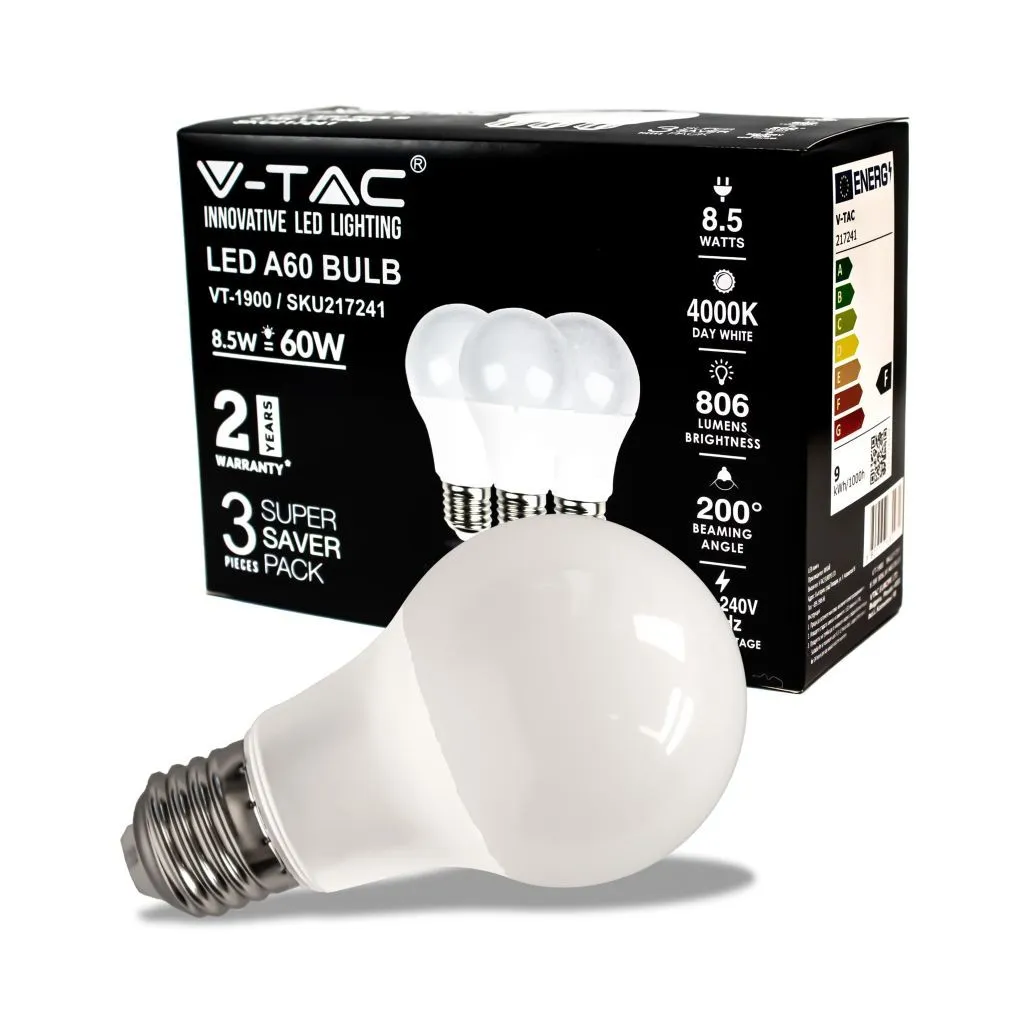 V-TAC Lampadina LED E27 8,5W A60 806 Lumen 4000K Luce Bianca Naturale (Box 3 pezzi) - immagine 1