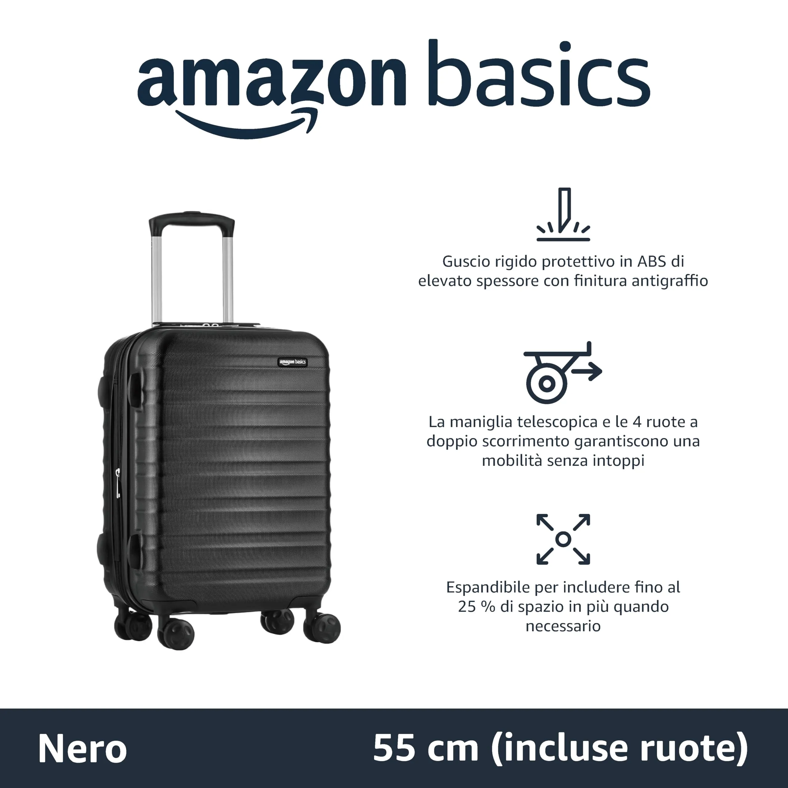 Amazon Basics Valigia Rigida Piccola Espandibile in ABS, 4 Ruote Doppie, 55 x 37,5 x 25,5cm - Nero - immagine 2