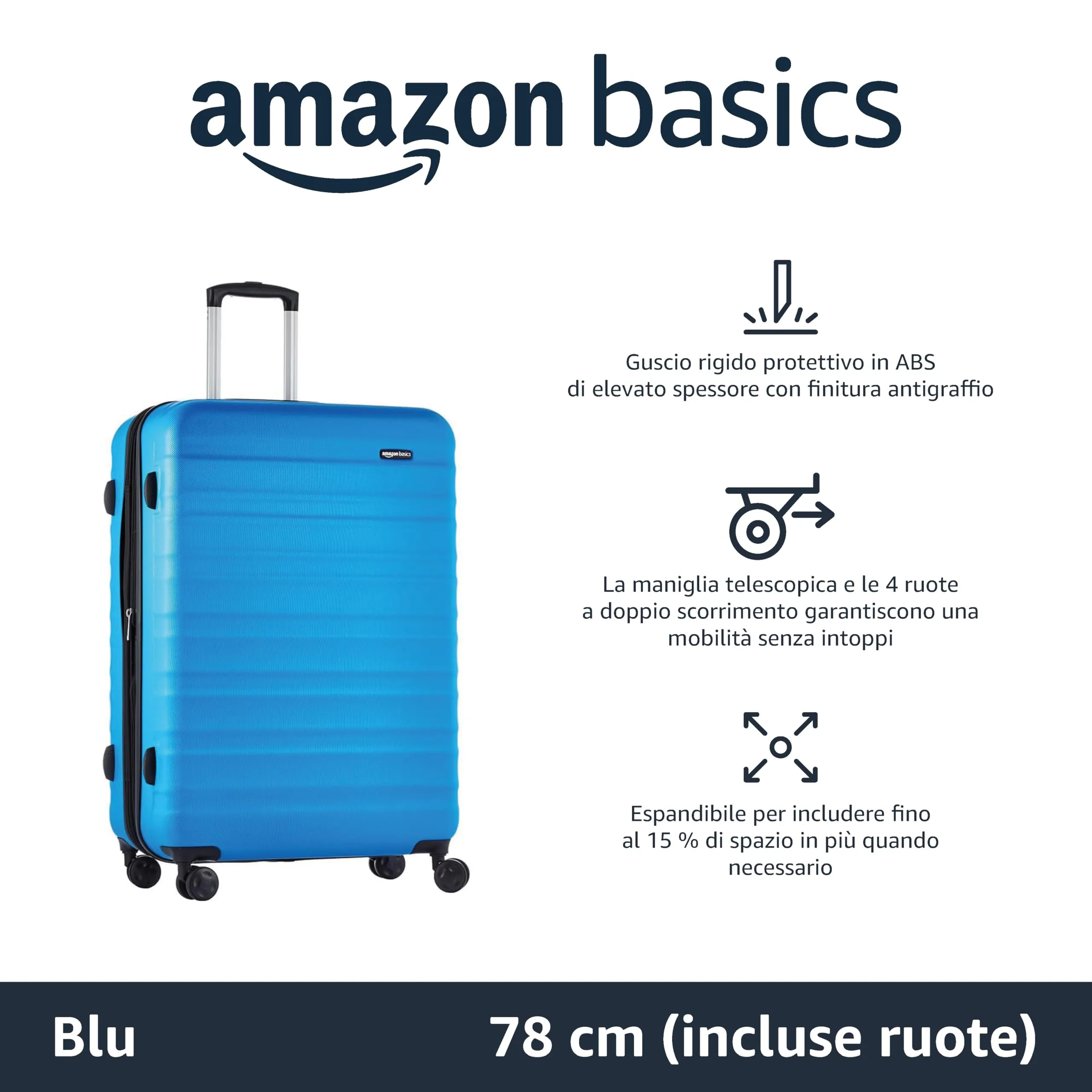 Amazon Basics Valigia Rigida Grande Espandibile in ABS, 78 x 52,6 x 32 cm, Azzurro - immagine 2