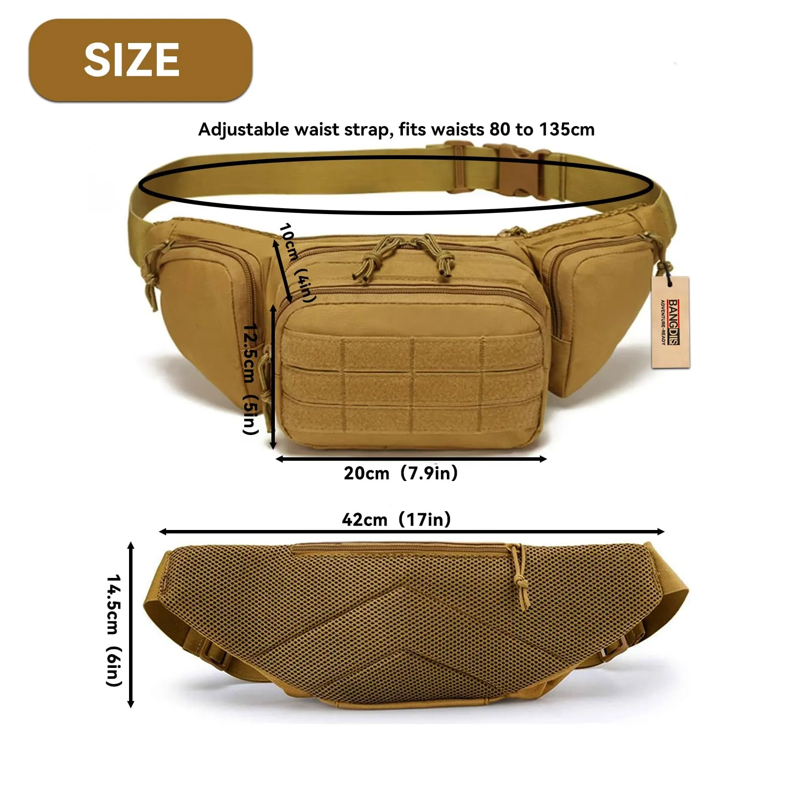 BANGDILS Marsupio Tattico da Uomo per Escursionismo, Nylon 1000D, Khaki - immagine 2
