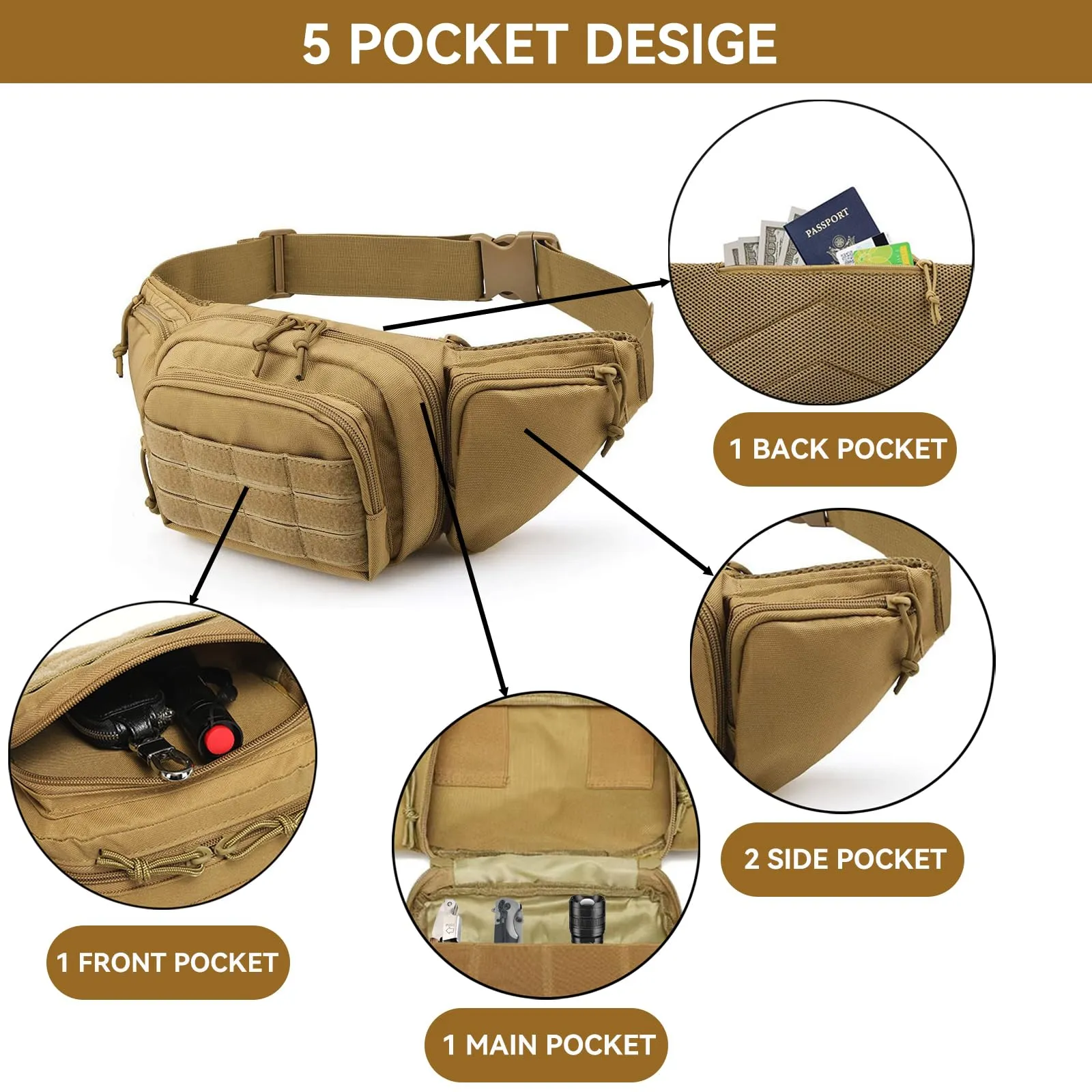 BANGDILS Marsupio Tattico da Uomo per Escursionismo, Nylon 1000D, Khaki - immagine 5
