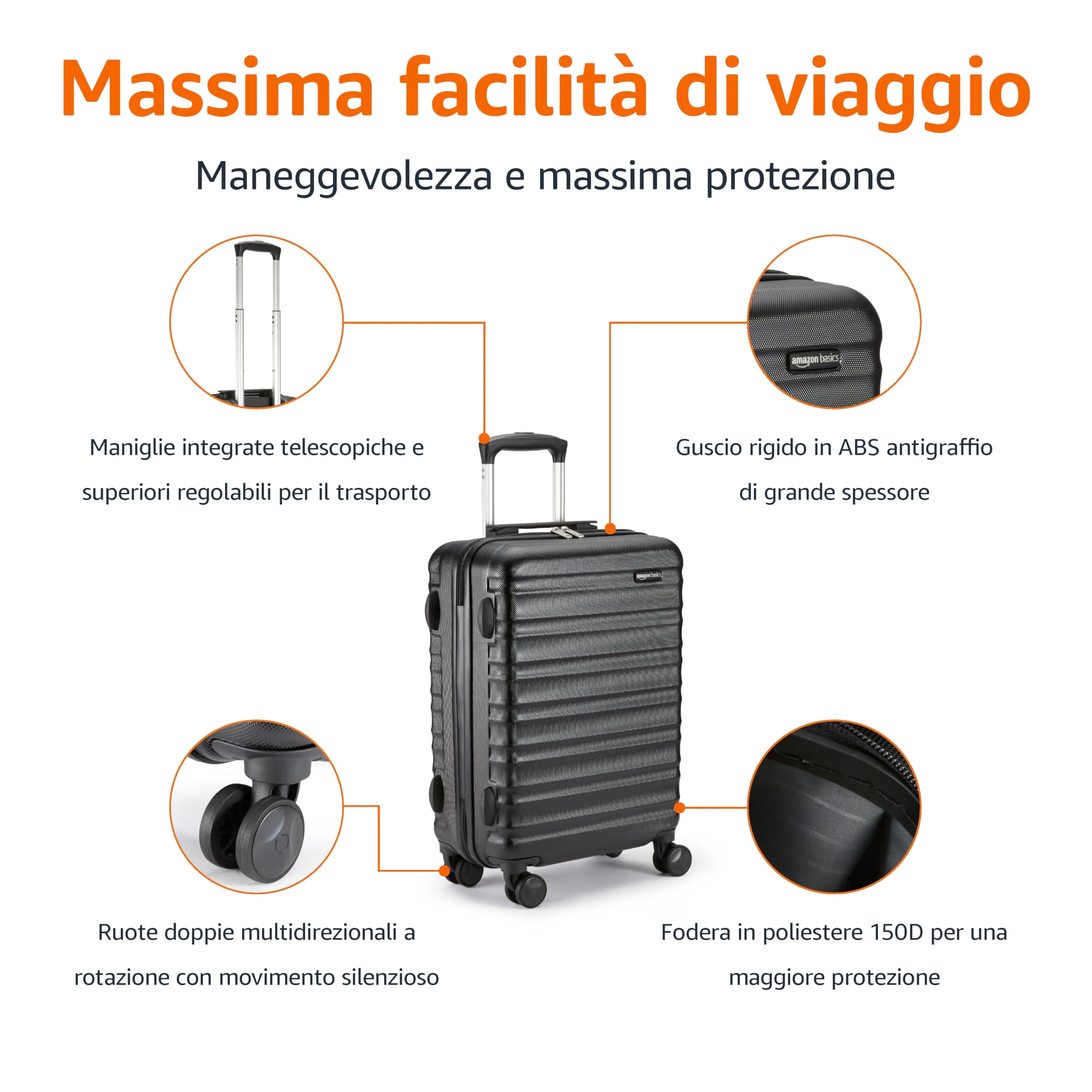 Amazon Basics Valigia Rigida da Cabina ABS 55 x 40 x 20cm - Nero - immagine 2