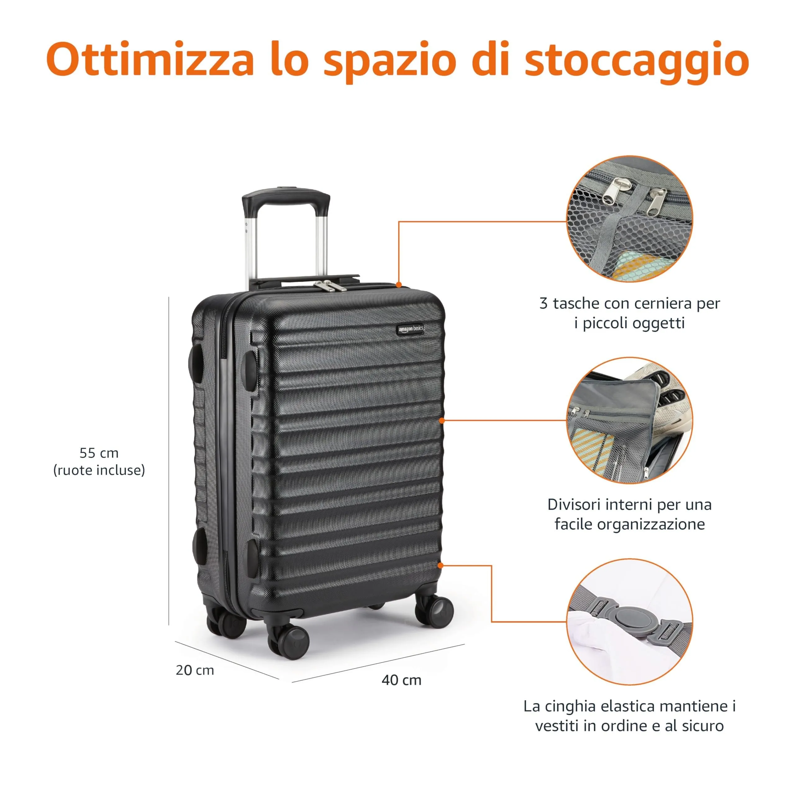 Amazon Basics Valigia Rigida da Cabina ABS 55 x 40 x 20cm - Nero - immagine 3