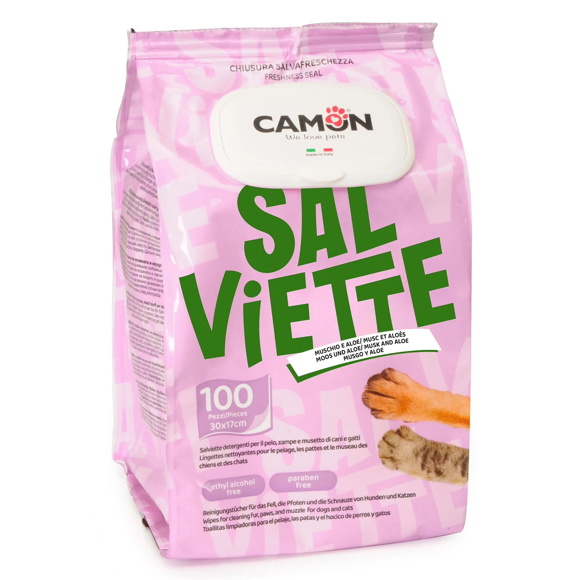 Camon Salviette Detergenti per Cani e Gatti, Muschio e Aloe, 100 Pezzi, 30x17 cm - immagine 1