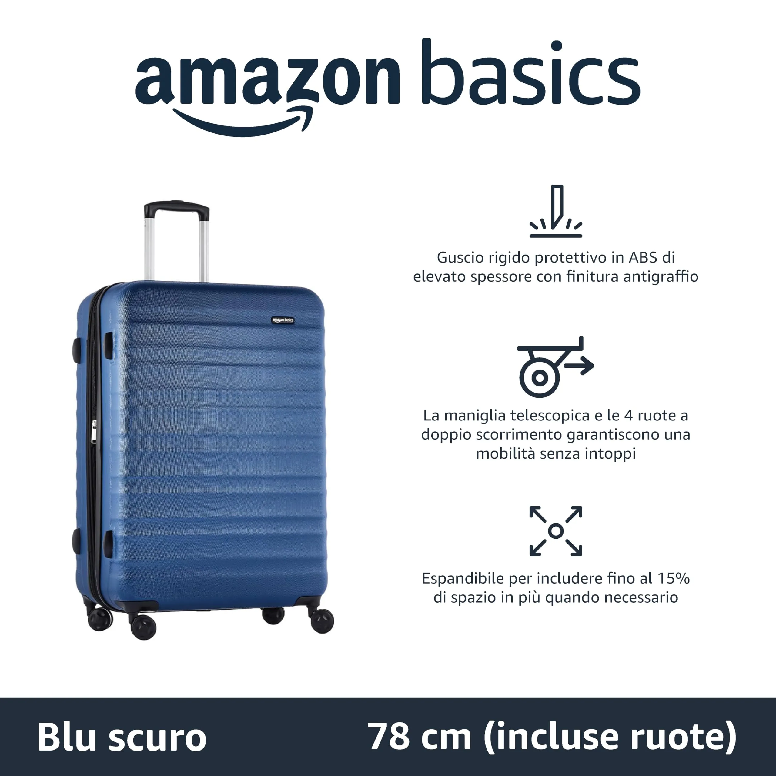 Amazon Basics Valigia Rigida Grande Espandibile in ABS, 78 x 52,6 x 32 cm, Blu Navy - immagine 2