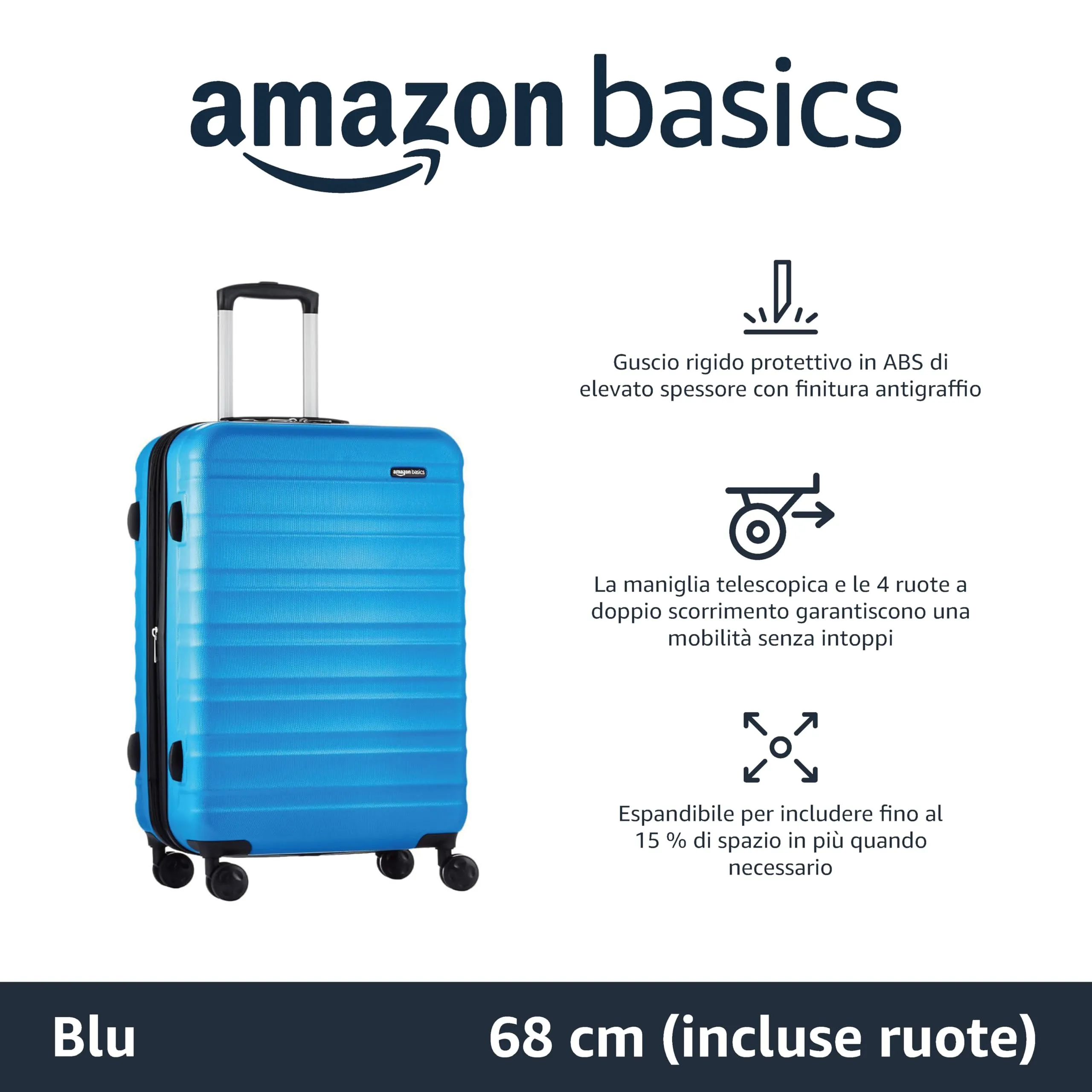 Amazon Basics Valigia Rigida Media Espandibile in ABS, 68 x 45,1 x 28,6 cm, Azzurro - immagine 2
