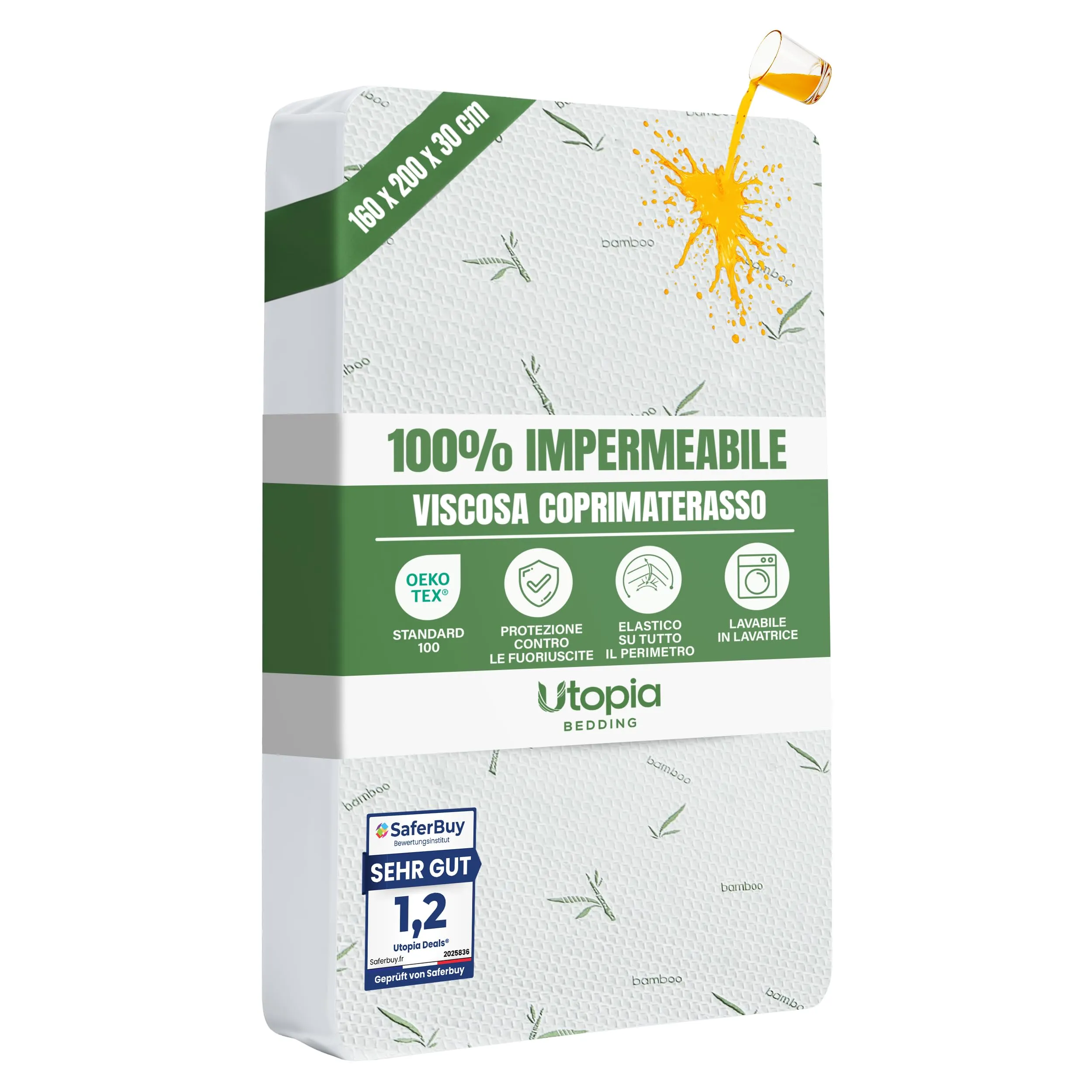 Utopia Bedding Coprimaterasso in Viscosa Impermeabile 160 x 200 x 30 cm, Bianco - immagine 1