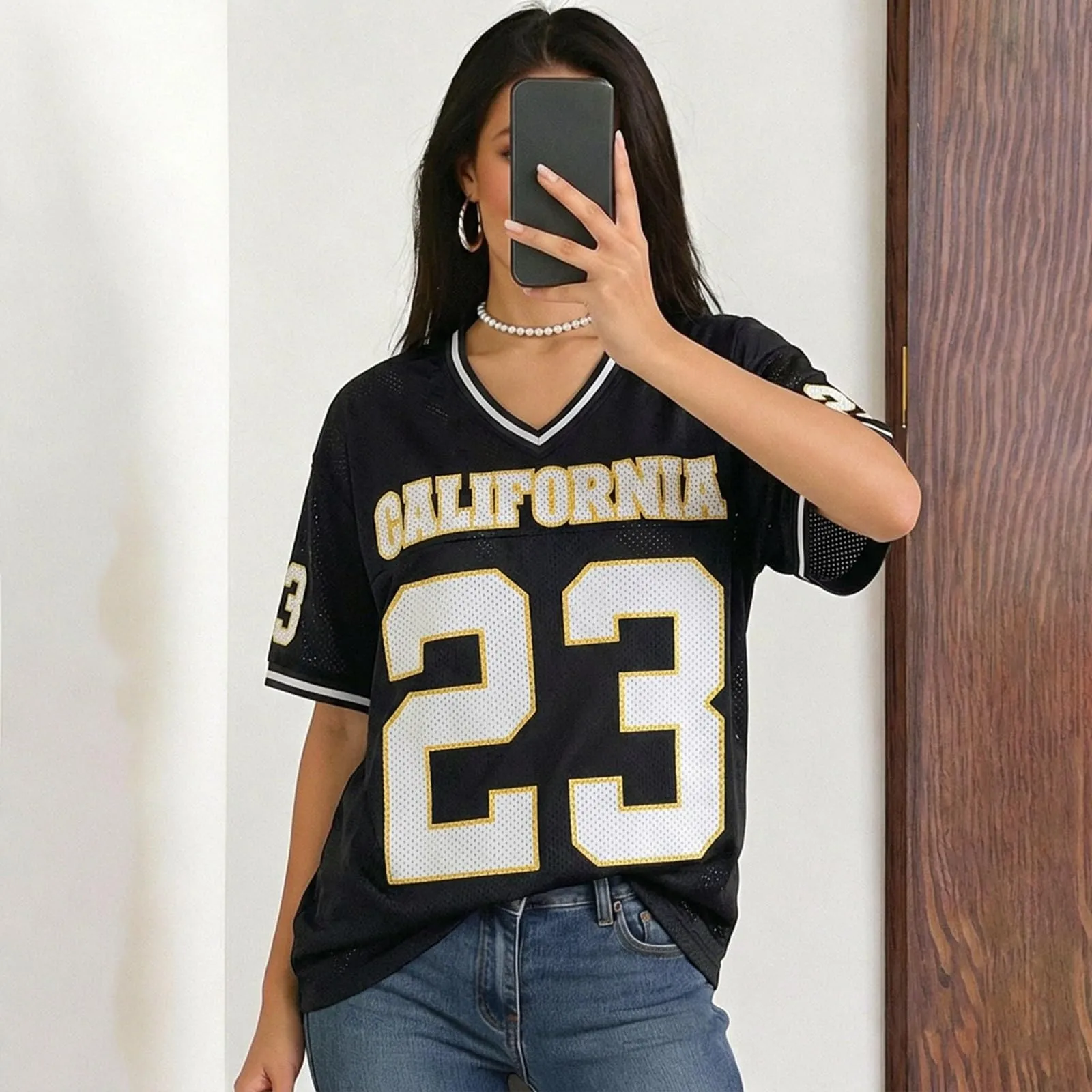 Generisch Camicia da Basket Donna Y2K, Maniche Corte, Scollo a V, Nero, L - immagine 3