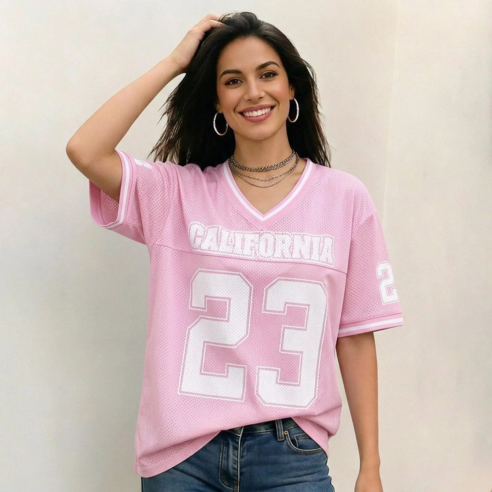 Generisch Camicia da Basket Donna Y2K a Maniche Corte Scollo a V Rosa, L - immagine 4