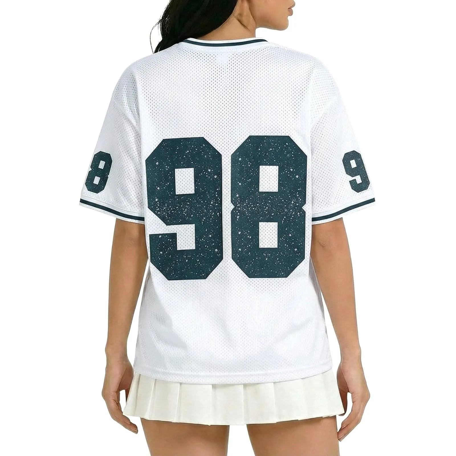 Generisch Camicia da basket da donna Y2K a maniche corte con scollo a V e stampa numerica, Bianca, 3XL - immagine 2