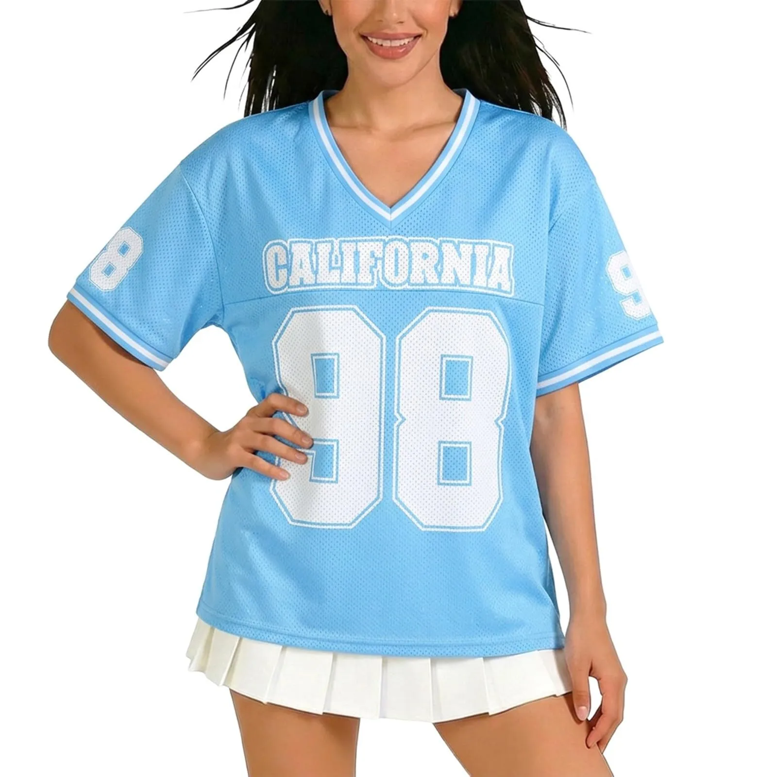 Generisch Camicia da Donna Y2K da Basket, Maniche Corte, Scollo a V, Celeste, L - immagine 1