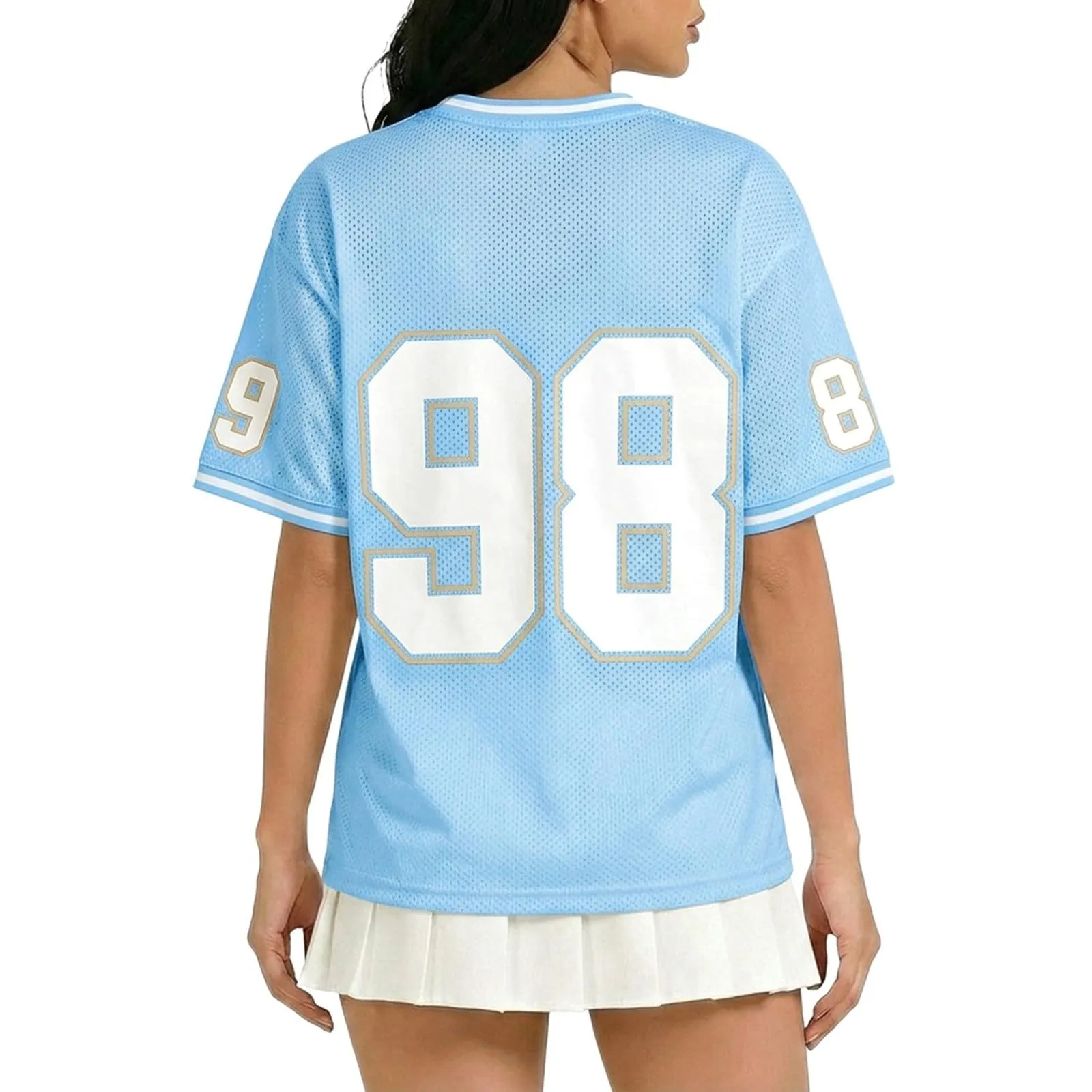 Generisch Camicia da basket donna Y2K, maniche corte, scollo a V, stampa numerica, Celeste, M - immagine 2