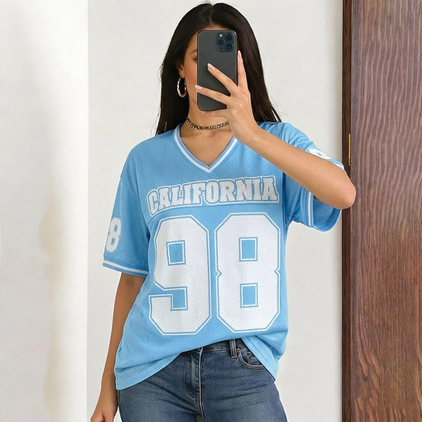 Generisch Camicia da basket donna Y2K, maniche corte, scollo a V, stampa numerica, Celeste, M - immagine 3