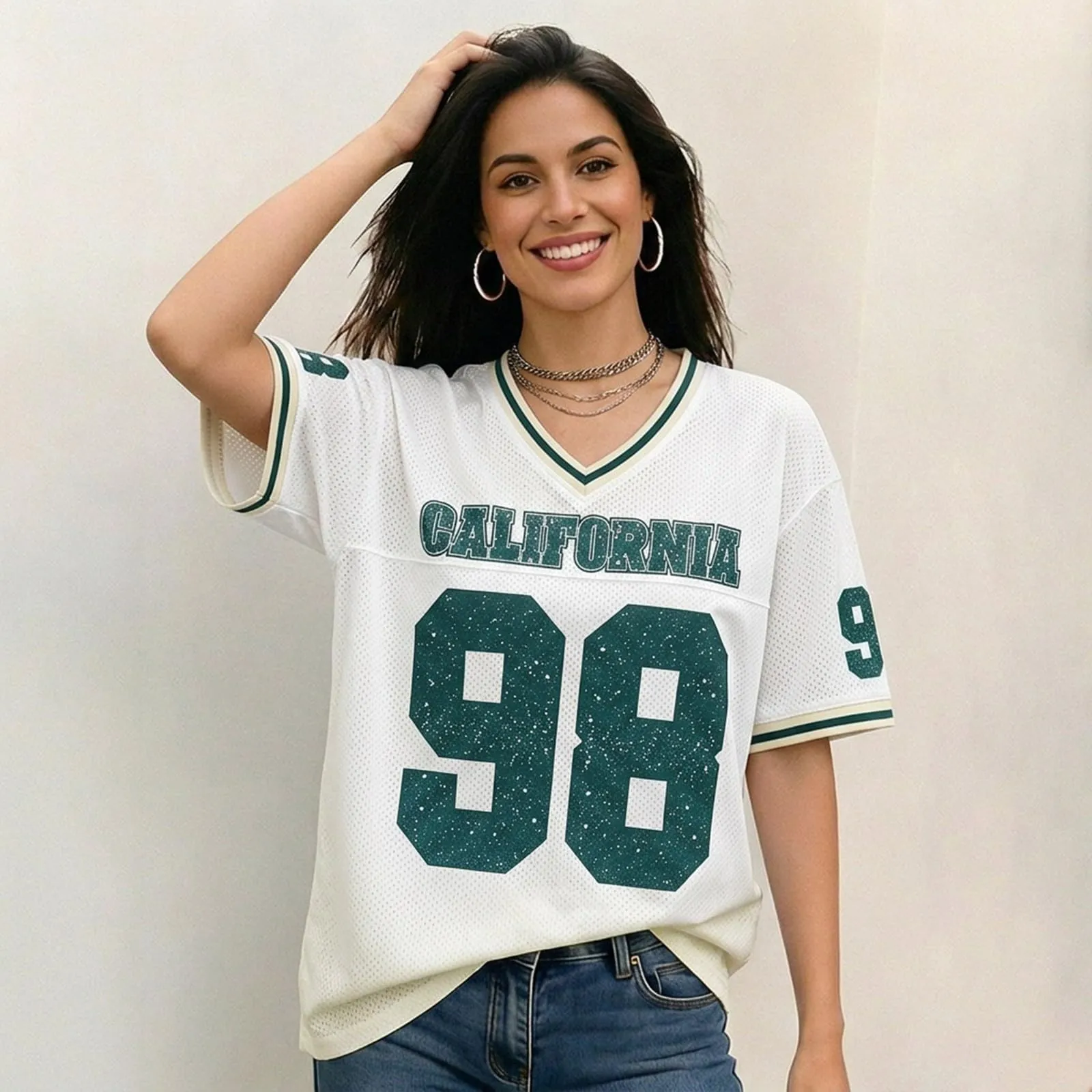 Generisch Camicia da Basket Donna Y2K, Maniche Corte, Scollo a V, Bianco, 4XL - immagine 5