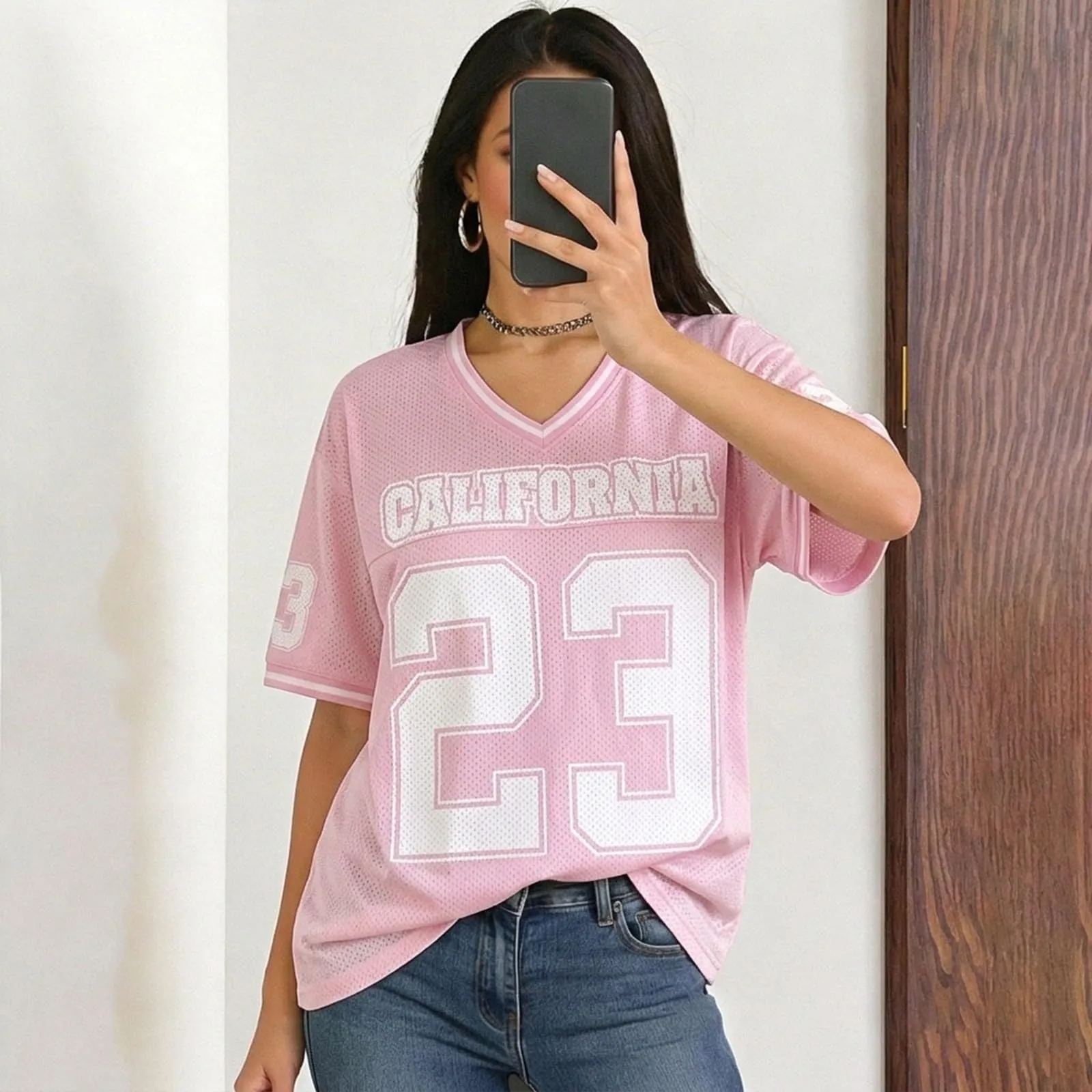 Generisch Camicia da Basket Donna Y2K a Maniche Corte Scollo a V con Stampa Numerica, Rosa, 3XL - immagine 3