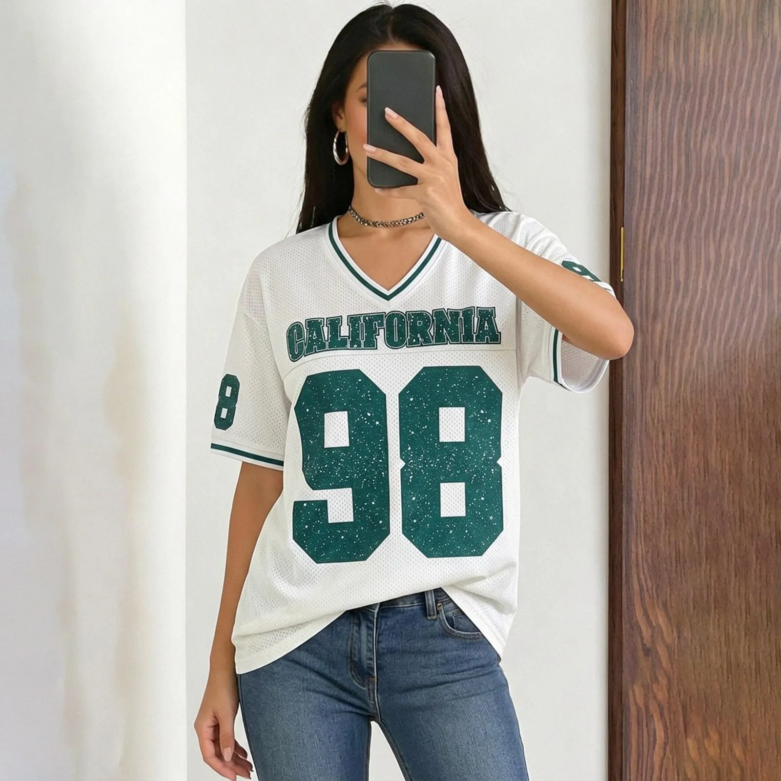 Generisch Camicia da basket donna Y2K a maniche corte, Bianco, M - immagine 3