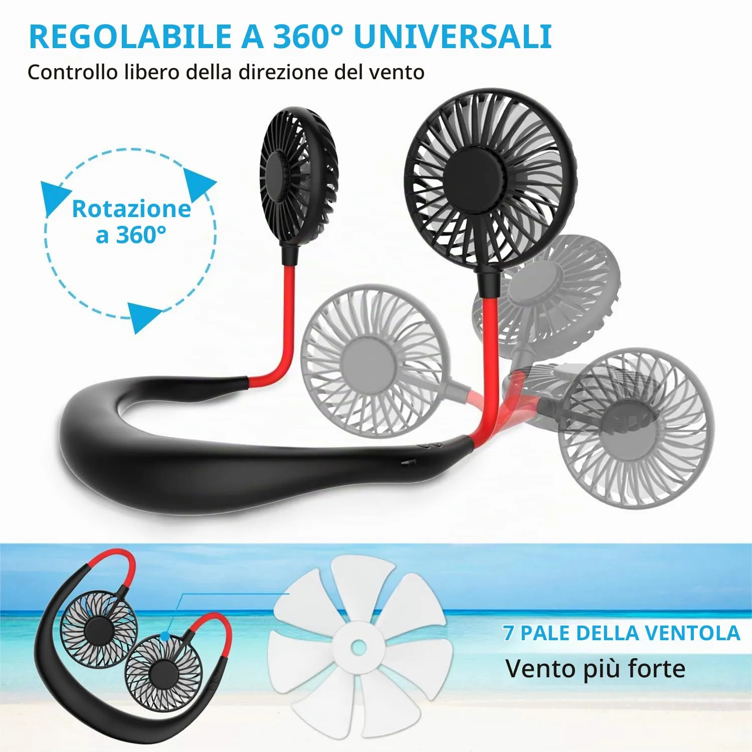 ITSHINY Ventilatore da Collo Portatile USB Ricaricabile, Mani Libere con 3 Velocità e Luci LED, I3020UK - immagine 4