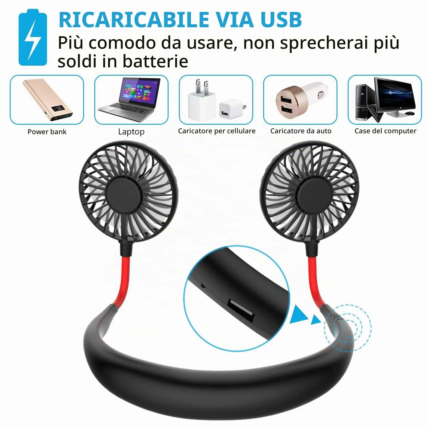 ITSHINY Ventilatore da Collo Portatile USB Ricaricabile, Mani Libere con 3 Velocità e Luci LED, I3020UK - immagine 5