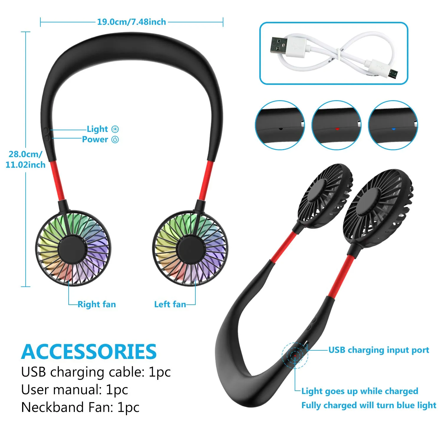 ITSHINY Ventilatore da Collo Portatile USB Ricaricabile, Mani Libere con 3 Velocità e Luci LED, I3020UK - immagine 6