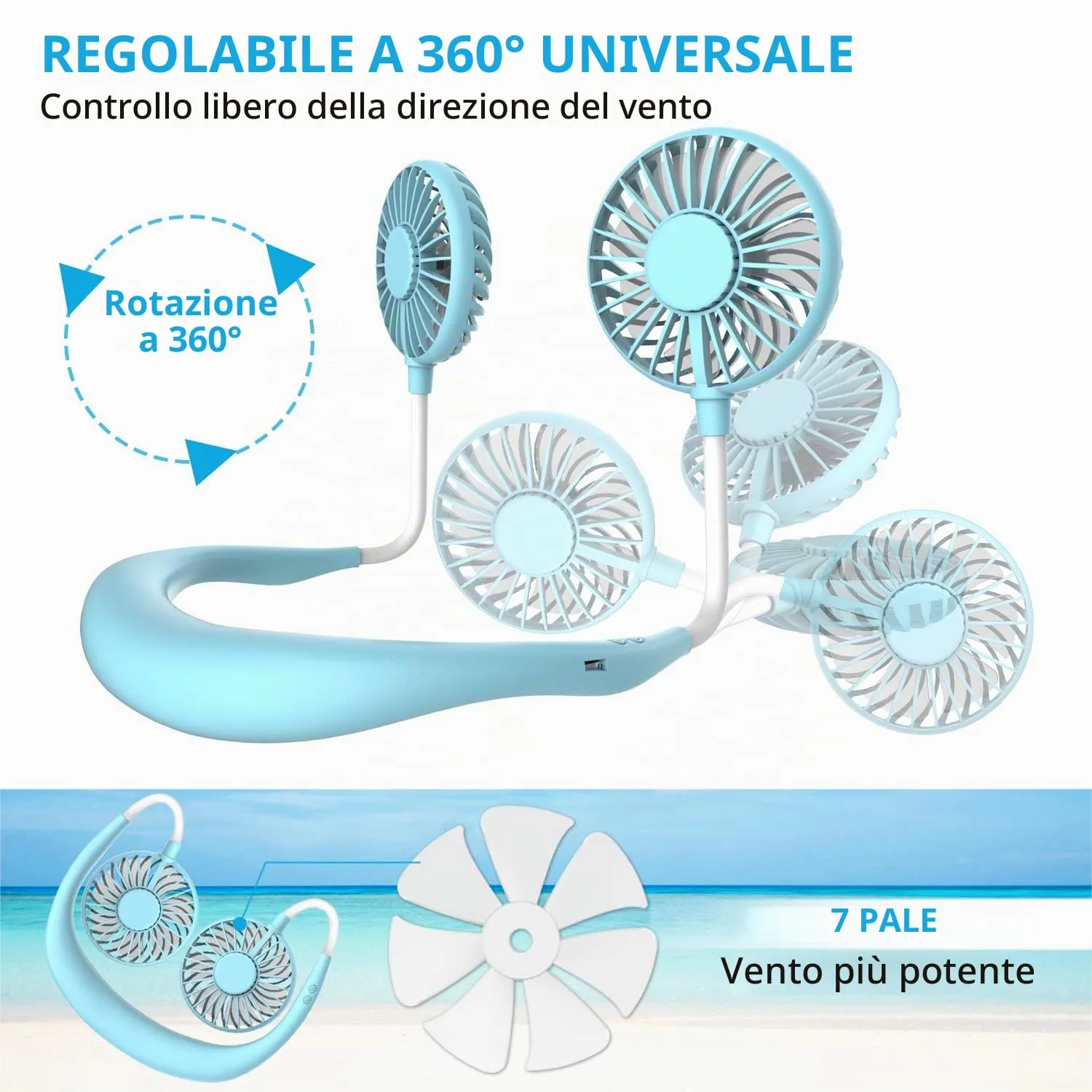 ITSHINY Ventilatore da Collo USB Ricaricabile Mini Portatile con 3 Velocità e Luci LED, Blu - immagine 4