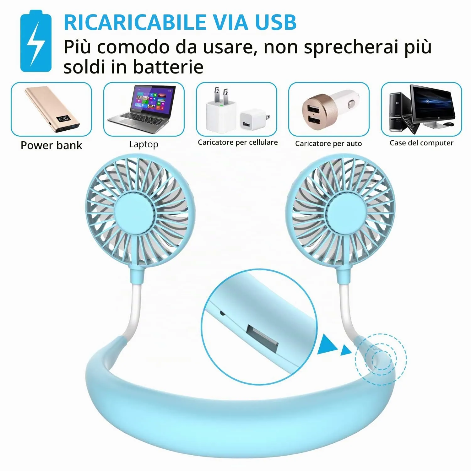 ITSHINY Ventilatore da Collo USB Ricaricabile Mini Portatile con 3 Velocità e Luci LED, Blu - immagine 5