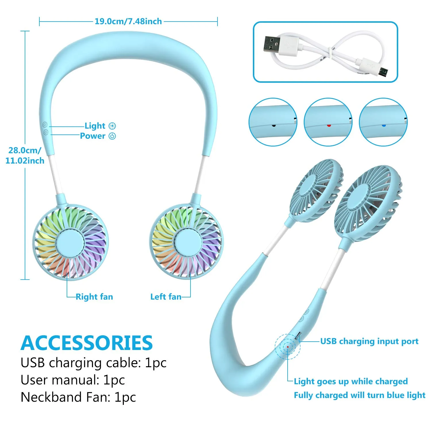 ITSHINY Ventilatore da Collo USB Ricaricabile Mini Portatile con 3 Velocità e Luci LED, Blu - immagine 6