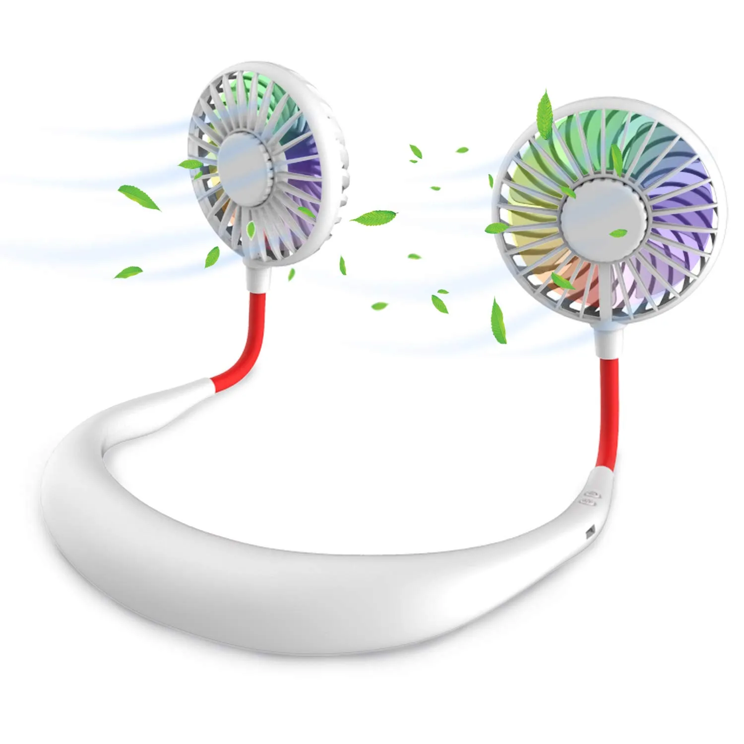 ITSHINY Ventilatore da collo indossabile USB ricaricabile, doppia testa, luce LED, 3 velocità, bianco - immagine 1