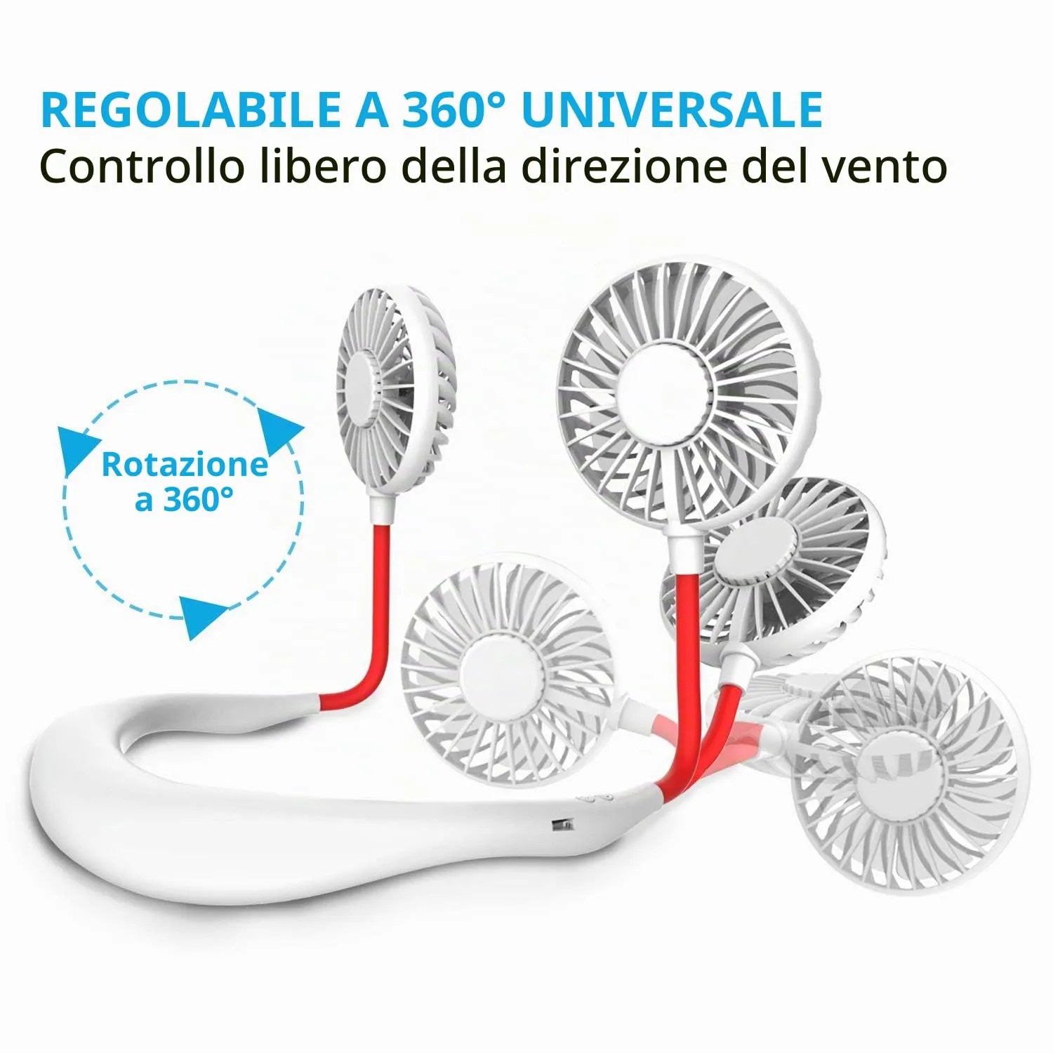 ITSHINY Ventilatore da collo indossabile USB ricaricabile, doppia testa, luce LED, 3 velocità, bianco - immagine 4