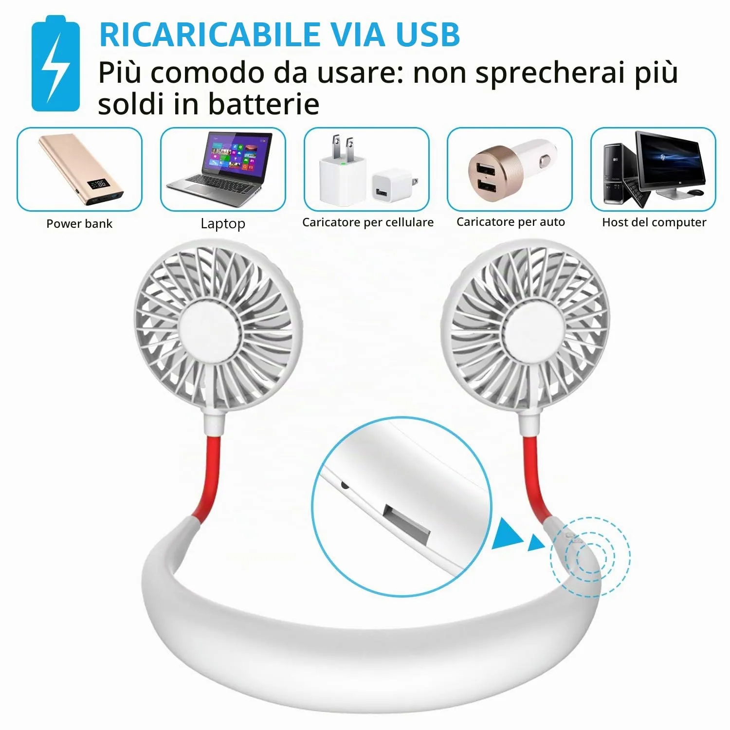 ITSHINY Ventilatore da collo indossabile USB ricaricabile, doppia testa, luce LED, 3 velocità, bianco - immagine 5