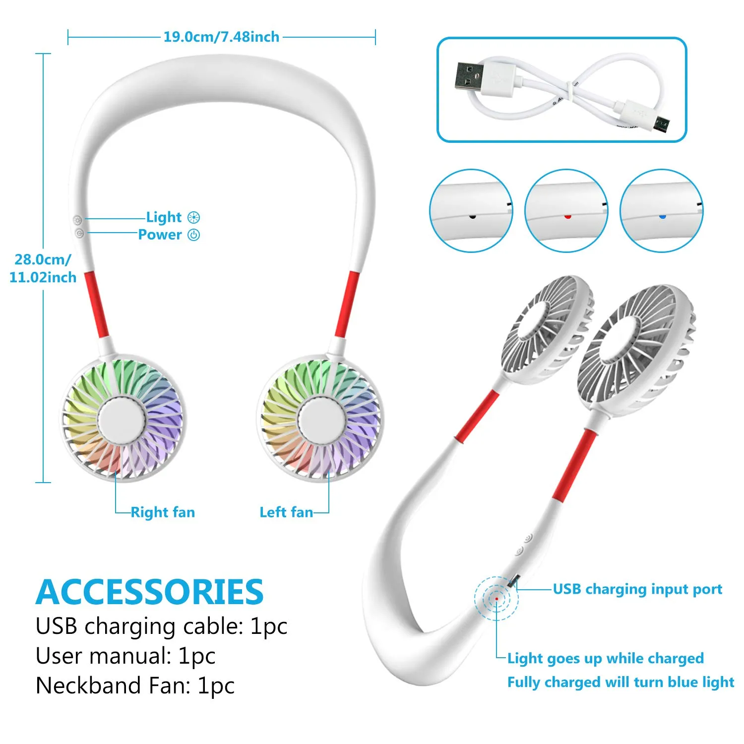 ITSHINY Ventilatore da collo indossabile USB ricaricabile, doppia testa, luce LED, 3 velocità, bianco - immagine 6