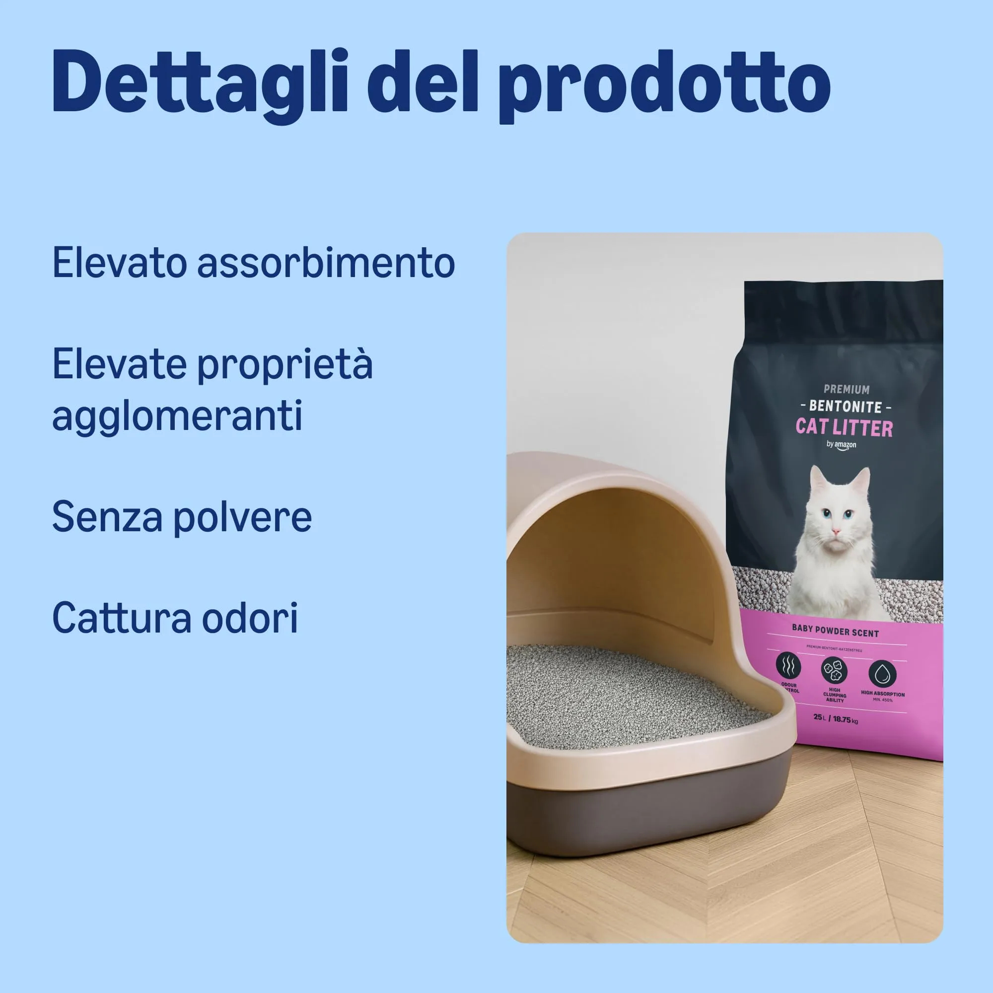 by Amazon Lettiera per Gatti Premium in Bentonite, Profumazione al Talco, 25L - immagine 3