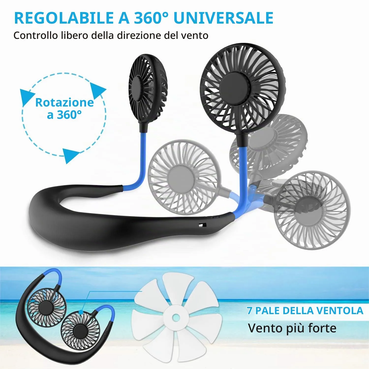 ITSHINY Mini Ventilatore Portatile da Collo, Ricaricabile USB, Doppia Testa, 3 Velocità - immagine 4