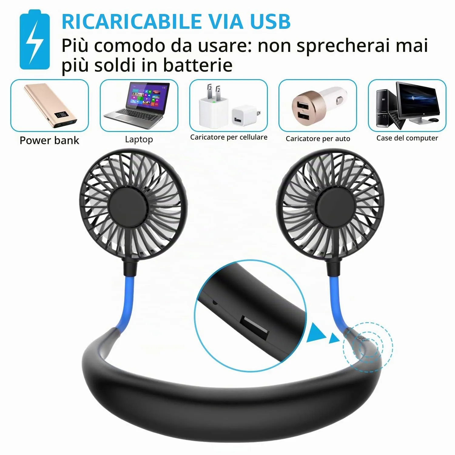 ITSHINY Mini Ventilatore Portatile da Collo, Ricaricabile USB, Doppia Testa, 3 Velocità - immagine 5