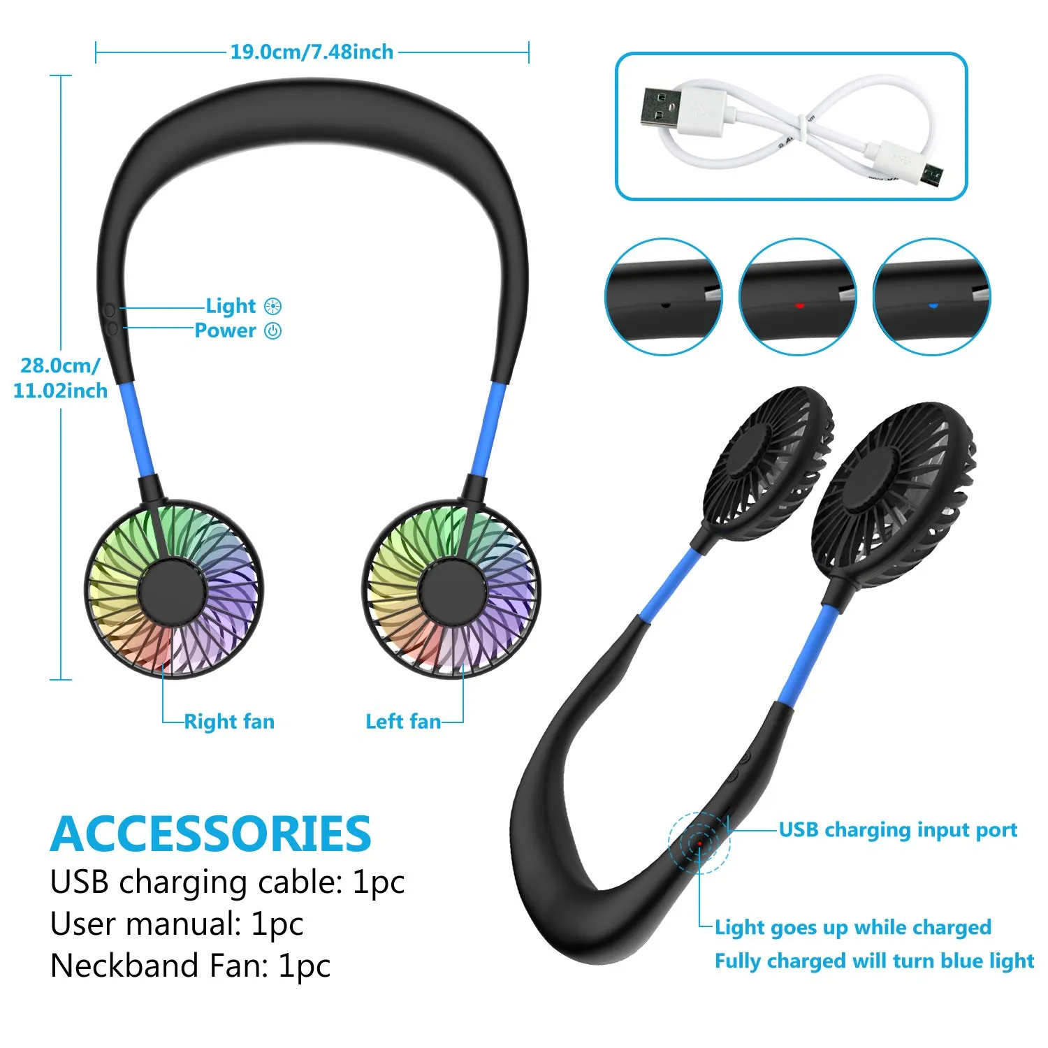 ITSHINY Mini Ventilatore Portatile da Collo, Ricaricabile USB, Doppia Testa, 3 Velocità - immagine 6