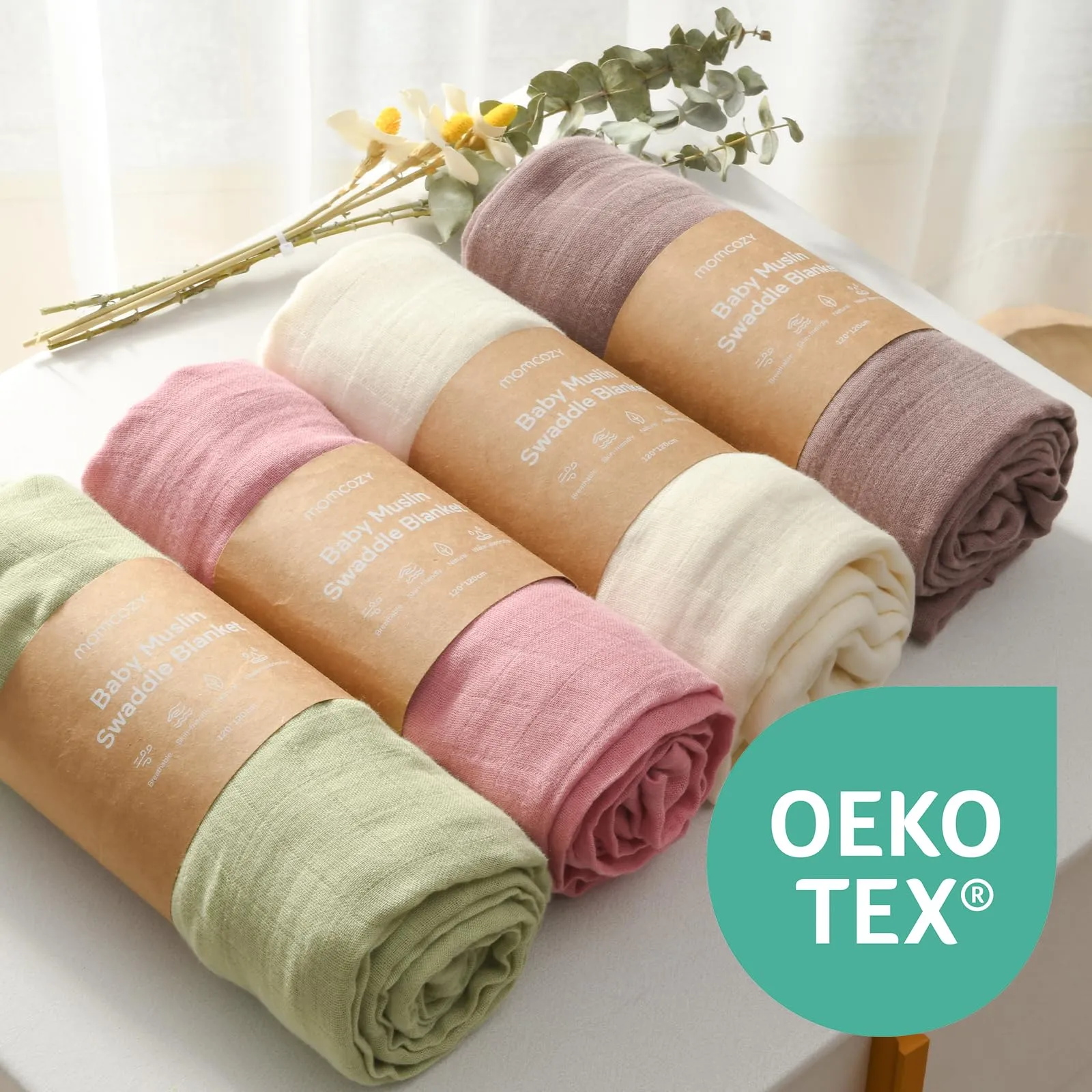 momcozy Copertine in Mussola in Cotone di Bambù, 120x120 cm, 4 Pezzi, Verde Chiaro - immagine 3